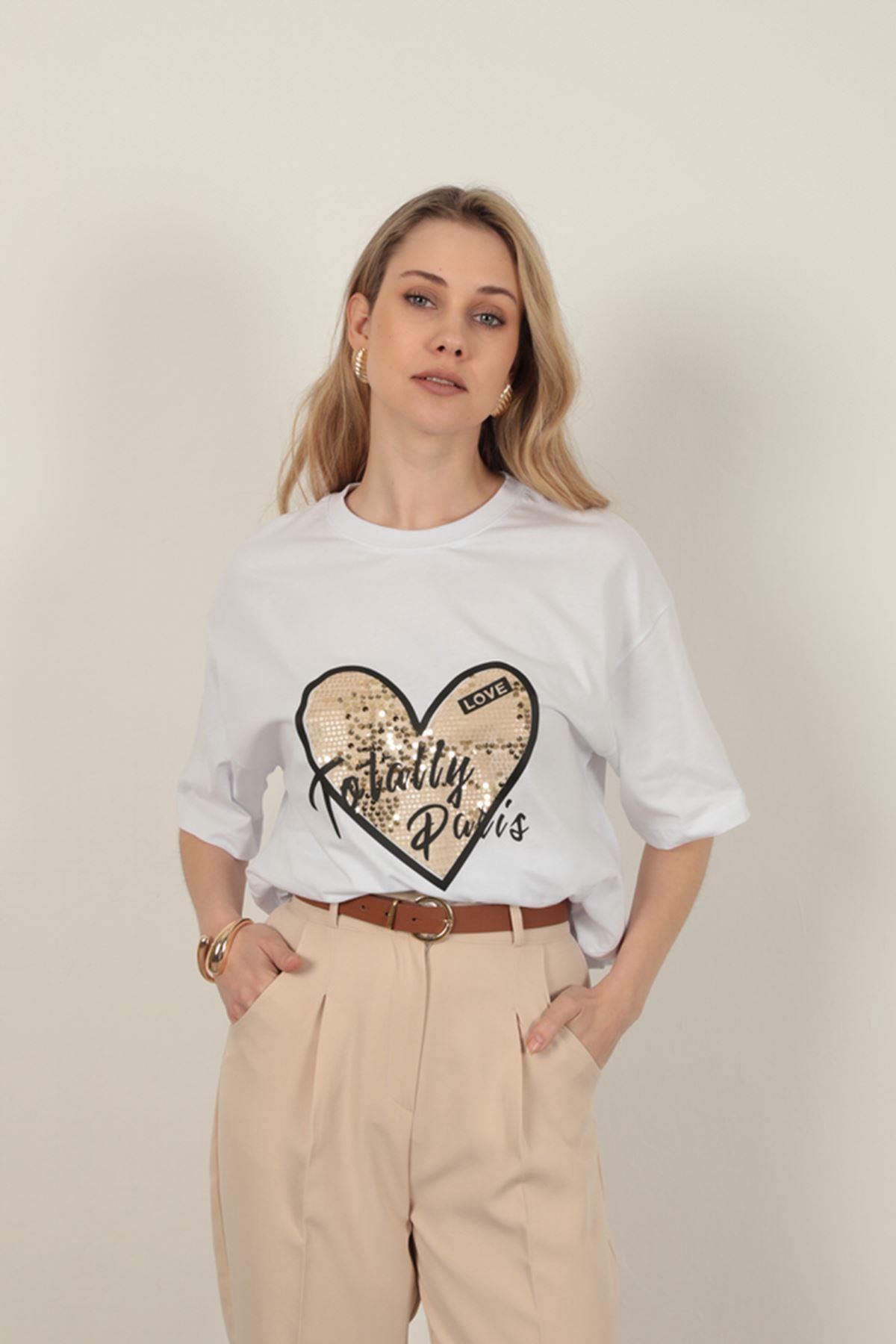 Sequin Detailed Women's T-Shirt-White