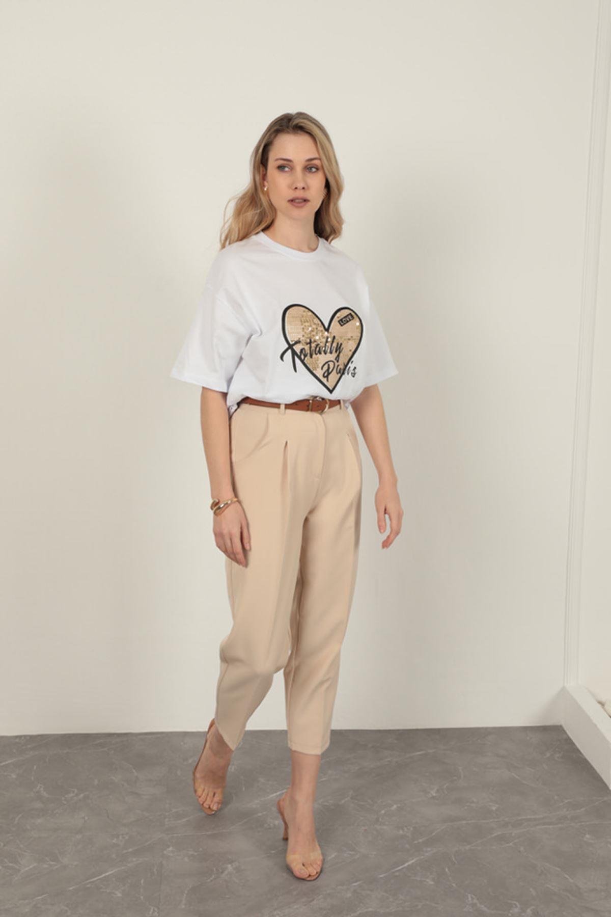 Sequin Detailed Women's T-Shirt-White