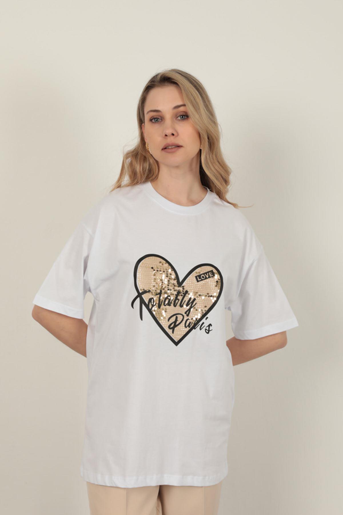 Sequin Detailed Women's T-Shirt-White