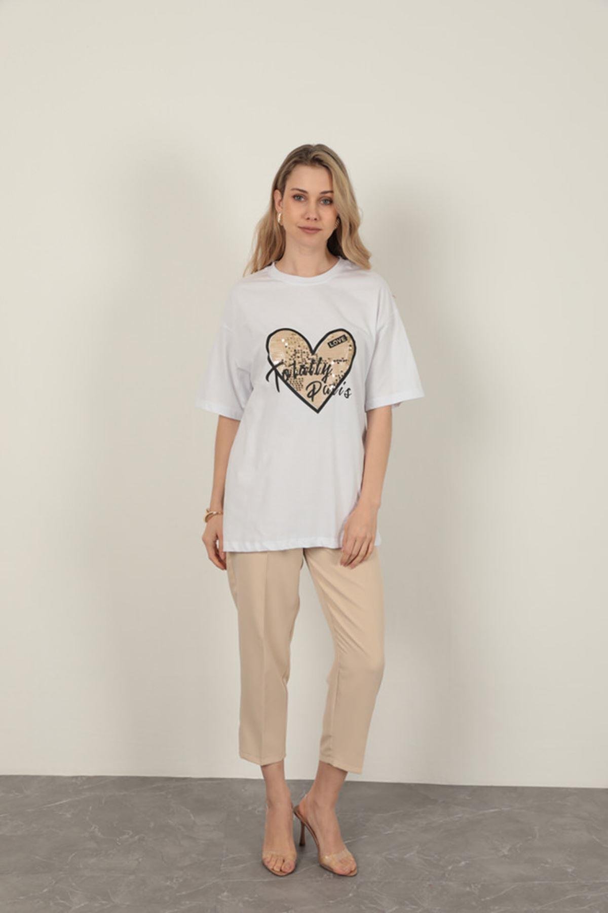 Sequin Detailed Women's T-Shirt-White