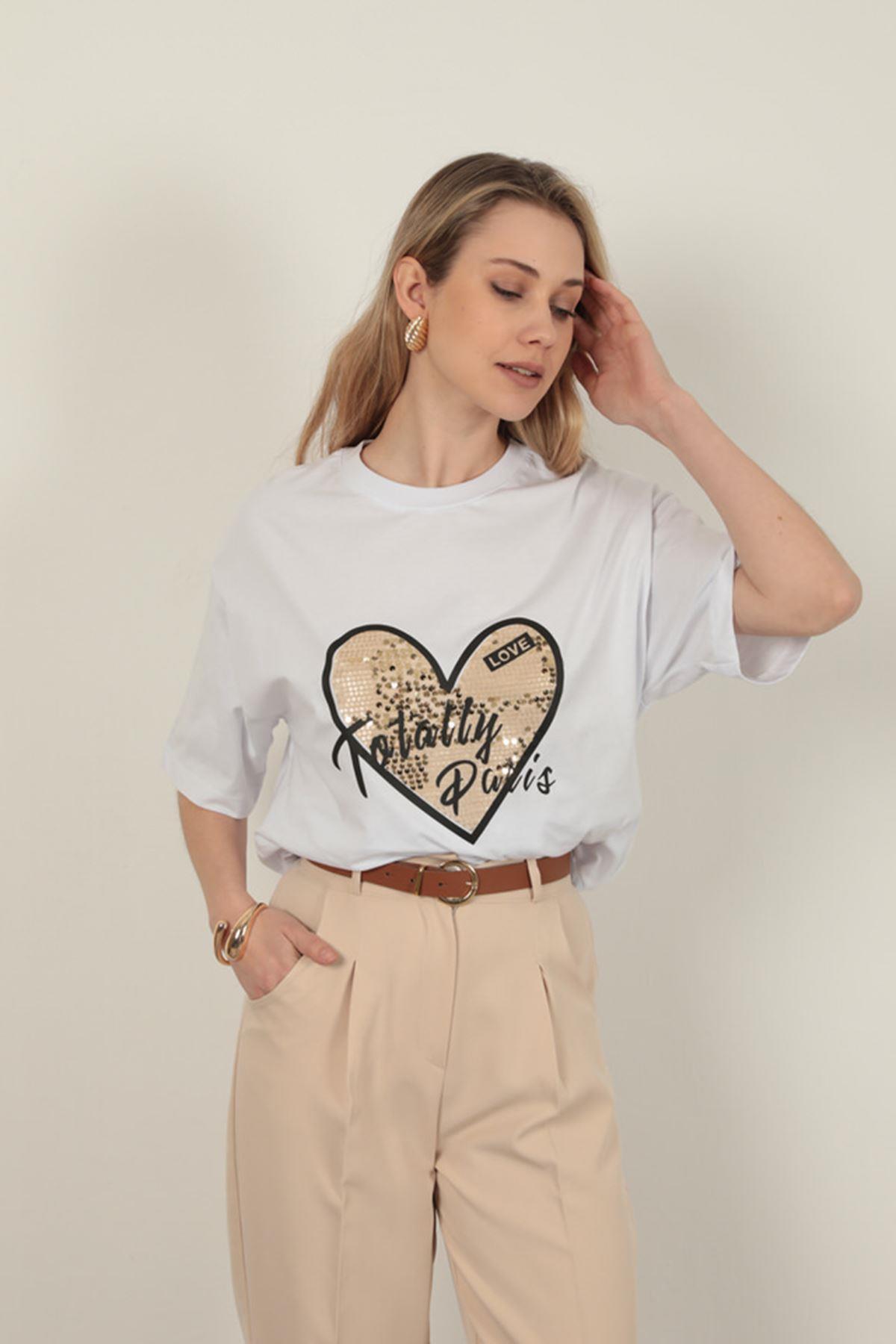 Sequin Detailed Women's T-Shirt-White