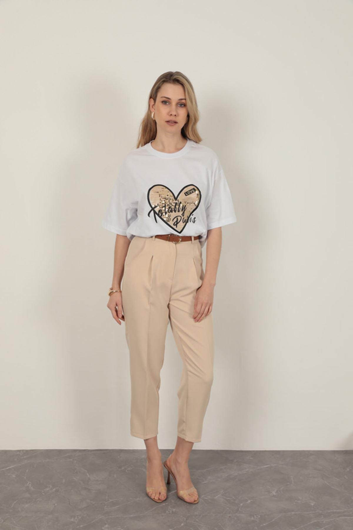 Sequin Detailed Women's T-Shirt-White