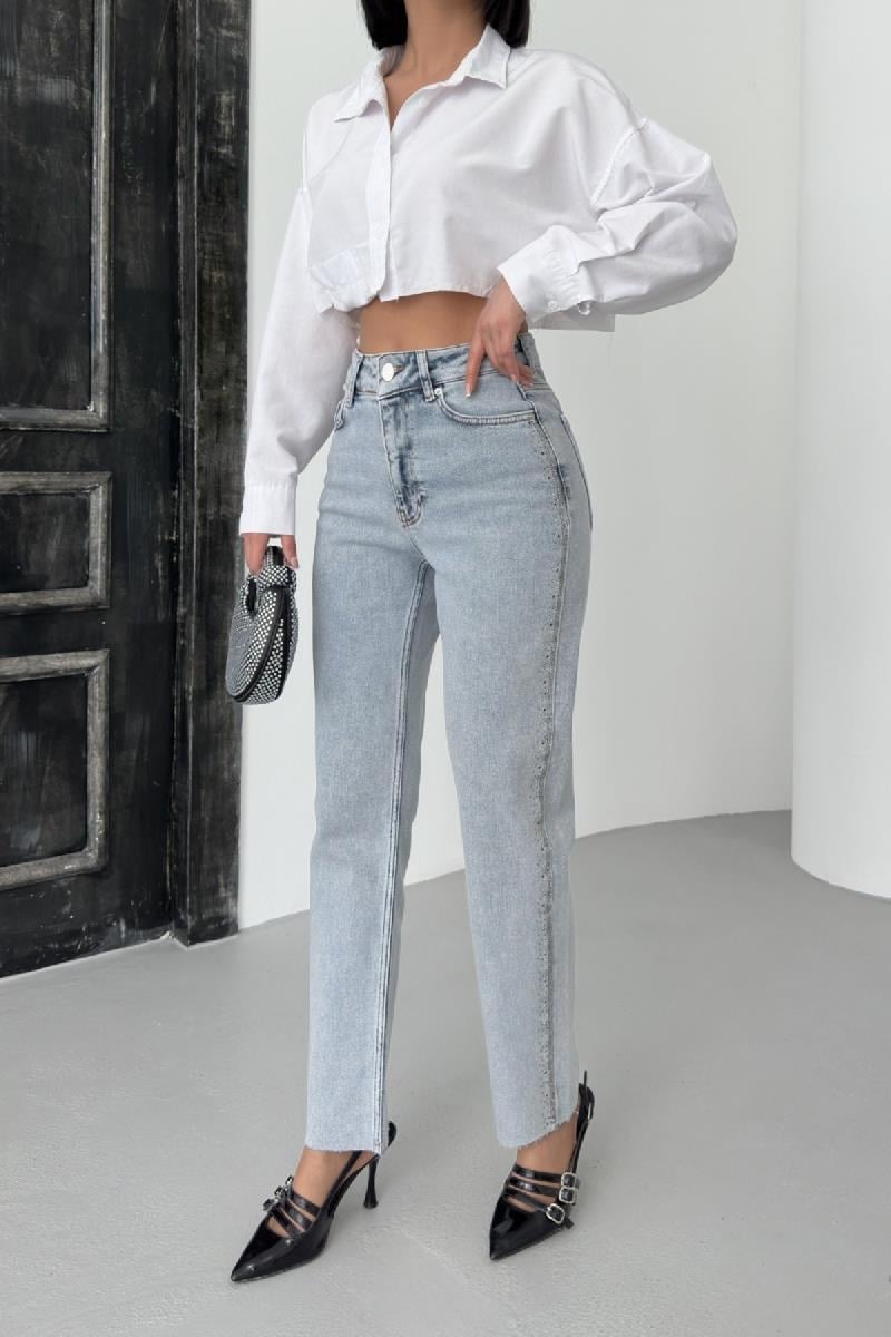 Şerit Taşlı Mom Fit Kot Pantolon 7110-08-(26-31)