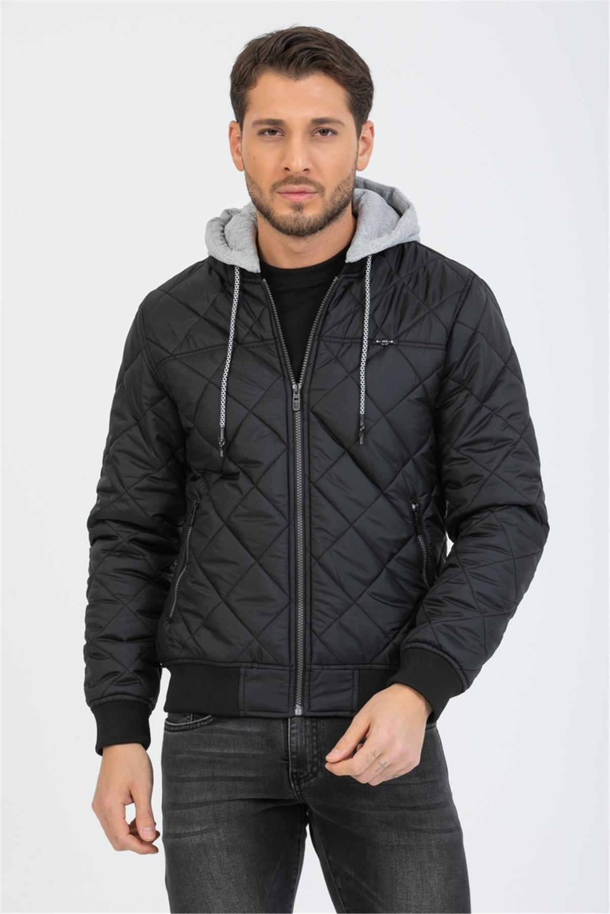 Wholesale Black Diamond Pattern Detachable Hood Jacket 35733S