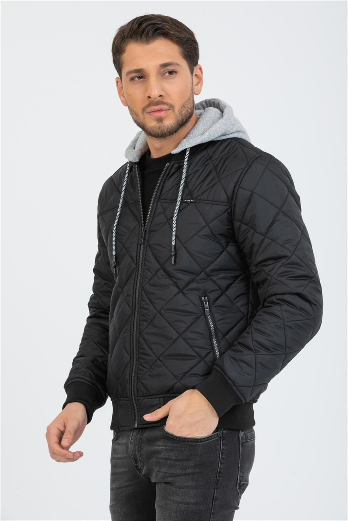 Wholesale Black Diamond Pattern Detachable Hood Jacket 35733S