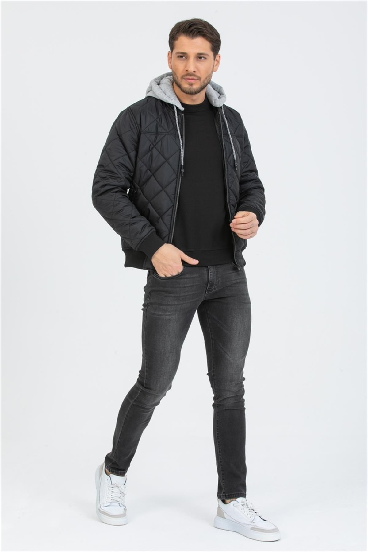 Wholesale Black Diamond Pattern Detachable Hood Jacket 35733S