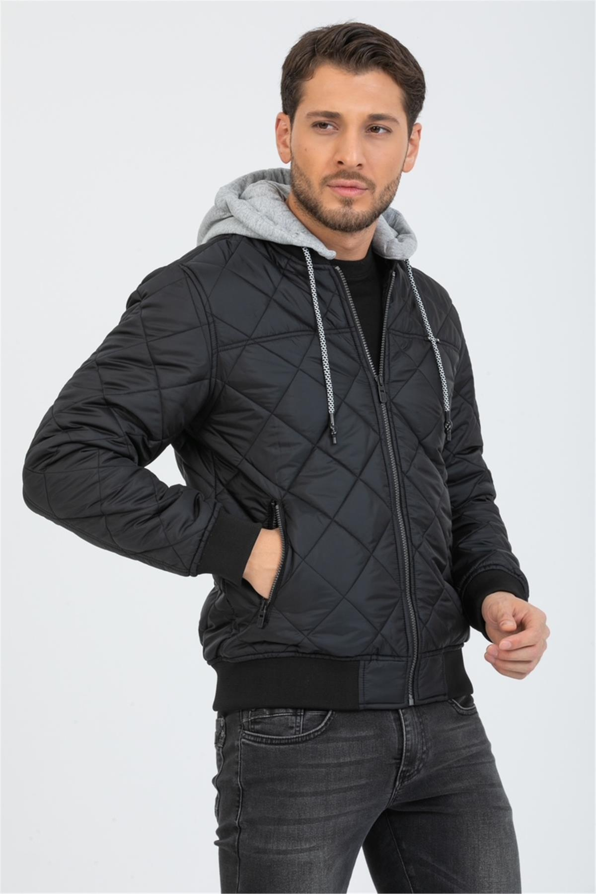 Wholesale Black Diamond Pattern Detachable Hood Jacket 35733S