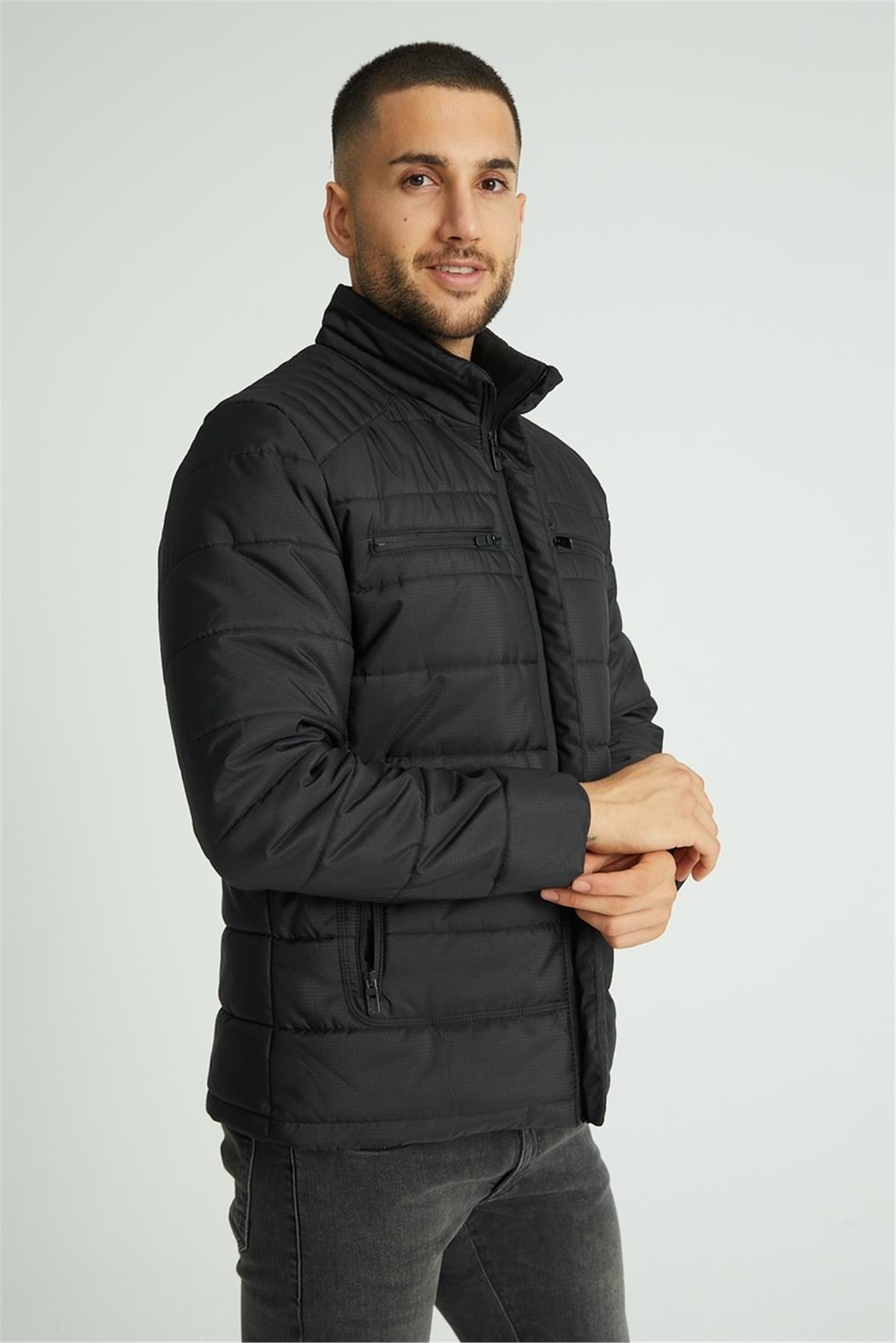 Wholesale Black Double Zipper Pocket Stand Collar Jacket 3082S