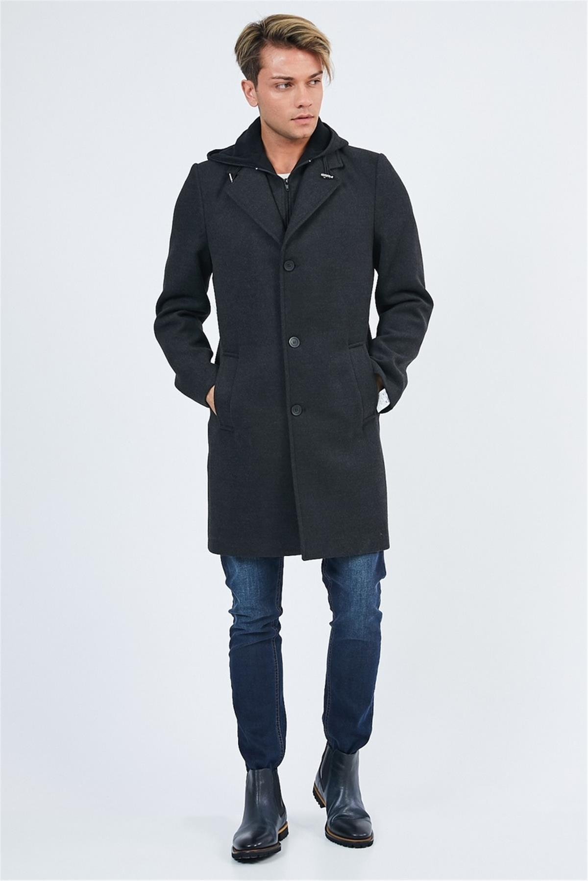 Wholesale Black Detachable Hood Cashmere Coat 4940S