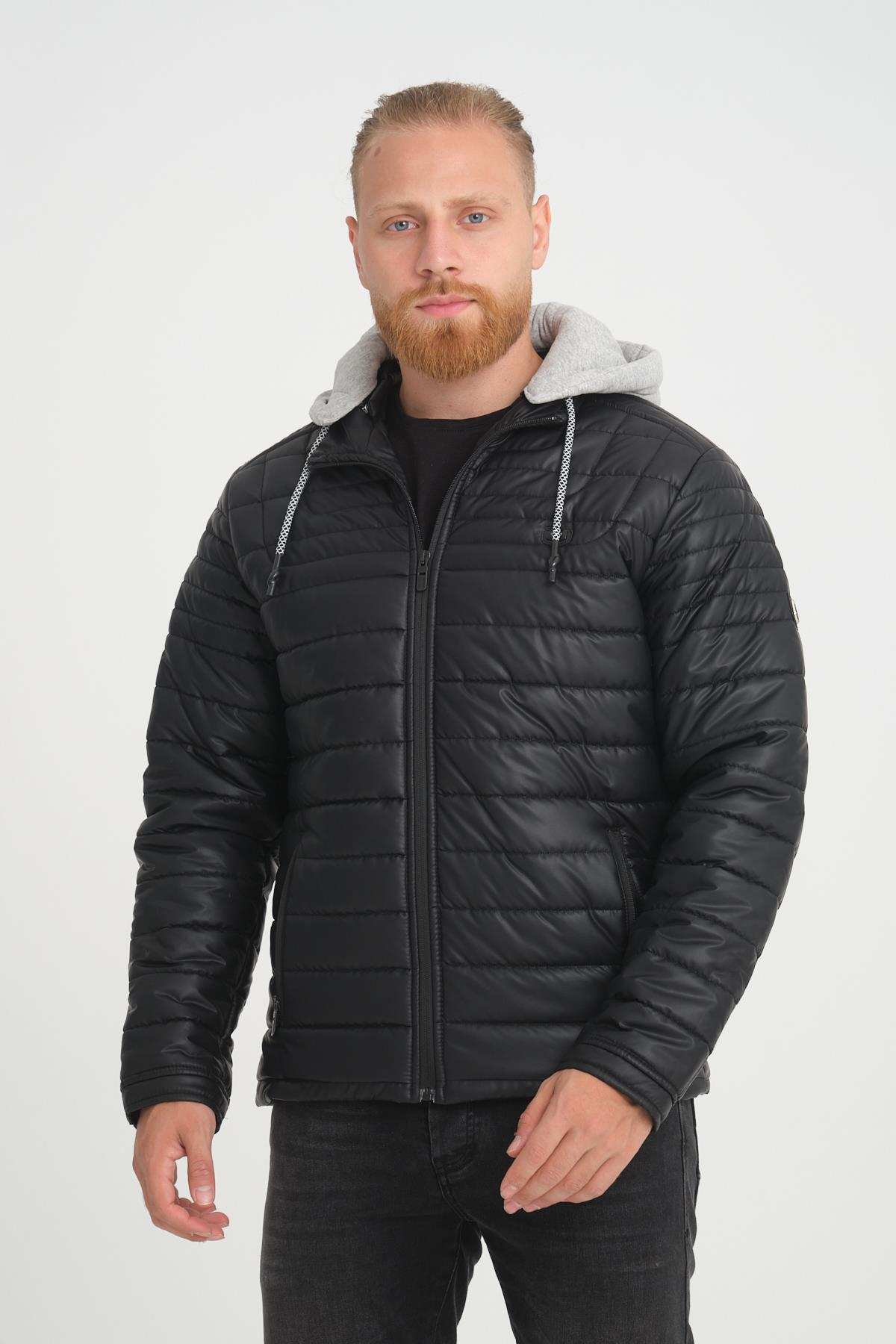 Wholesale Black Faux Leather Hooded Puffer Jacket 3036S