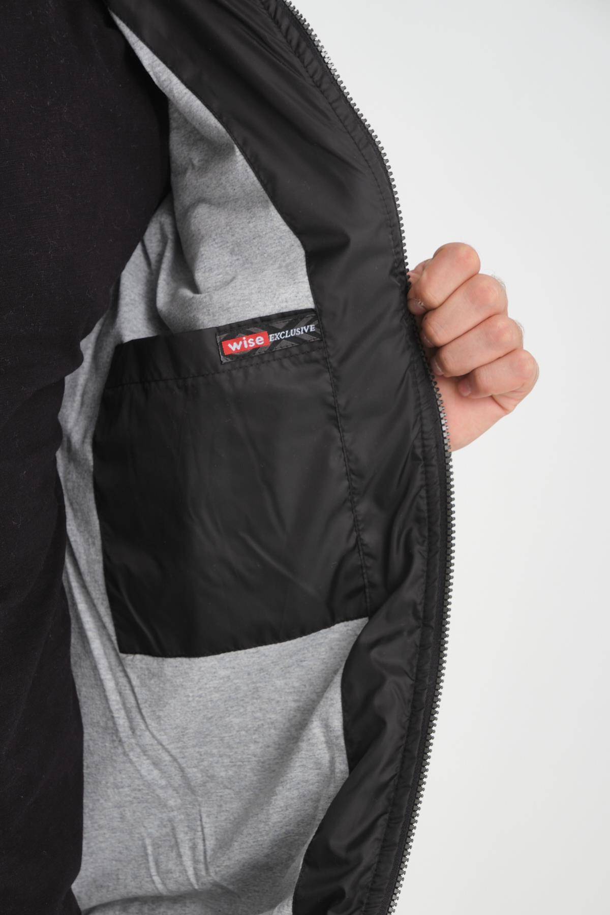 Wholesale Black Faux Leather Hooded Puffer Jacket 3036S