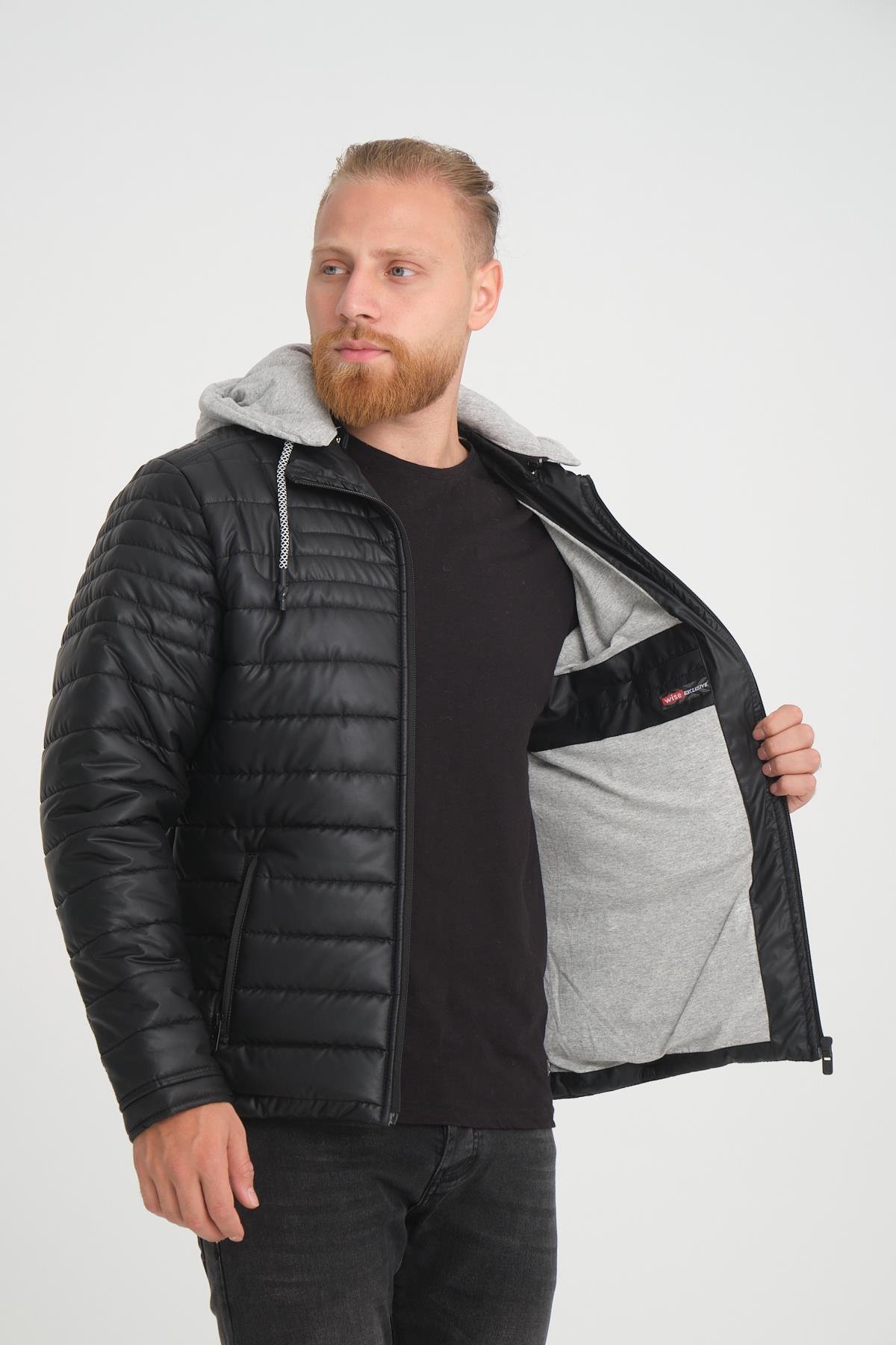 Wholesale Black Faux Leather Hooded Puffer Jacket 3036S