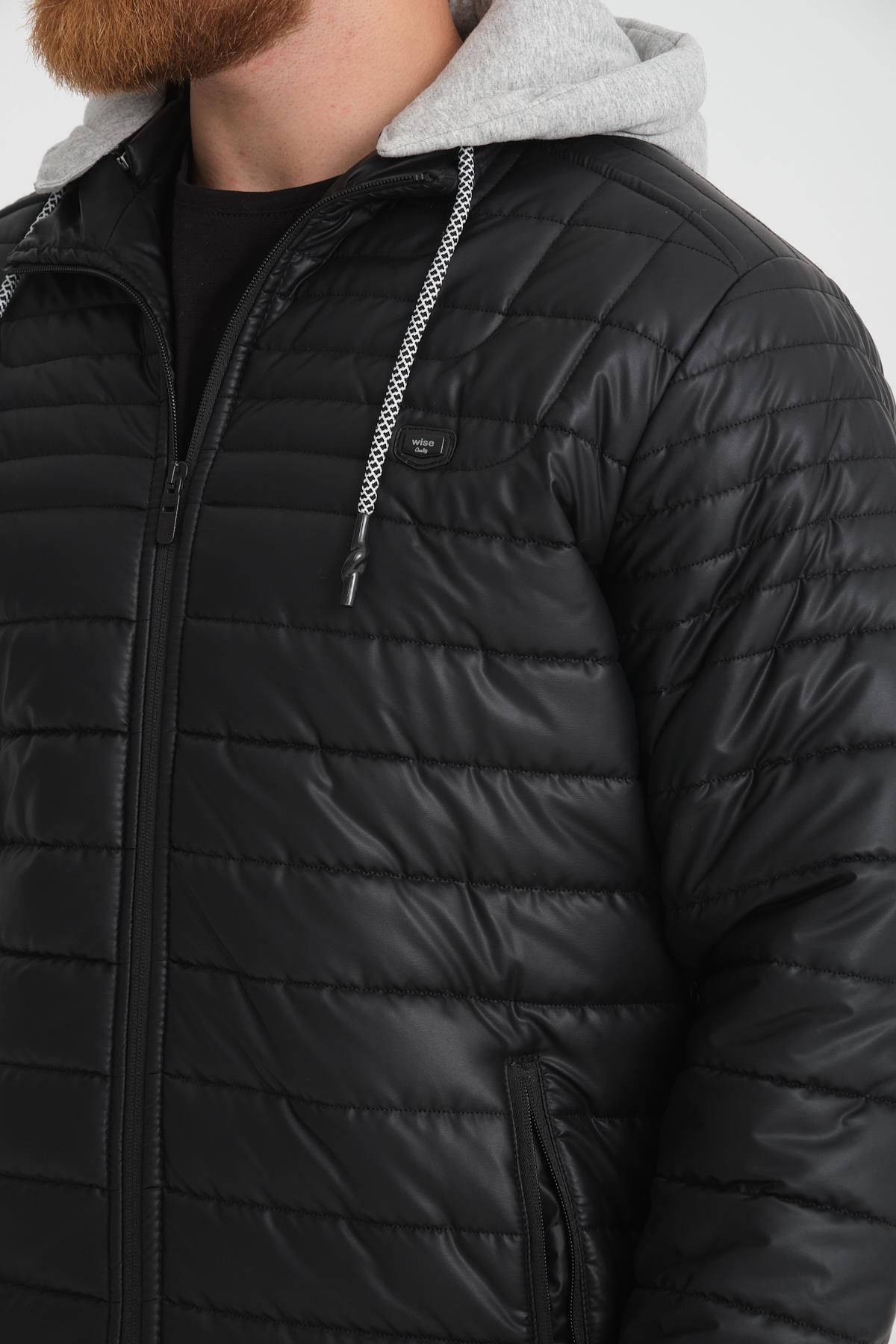 Wholesale Black Faux Leather Hooded Puffer Jacket 3036S