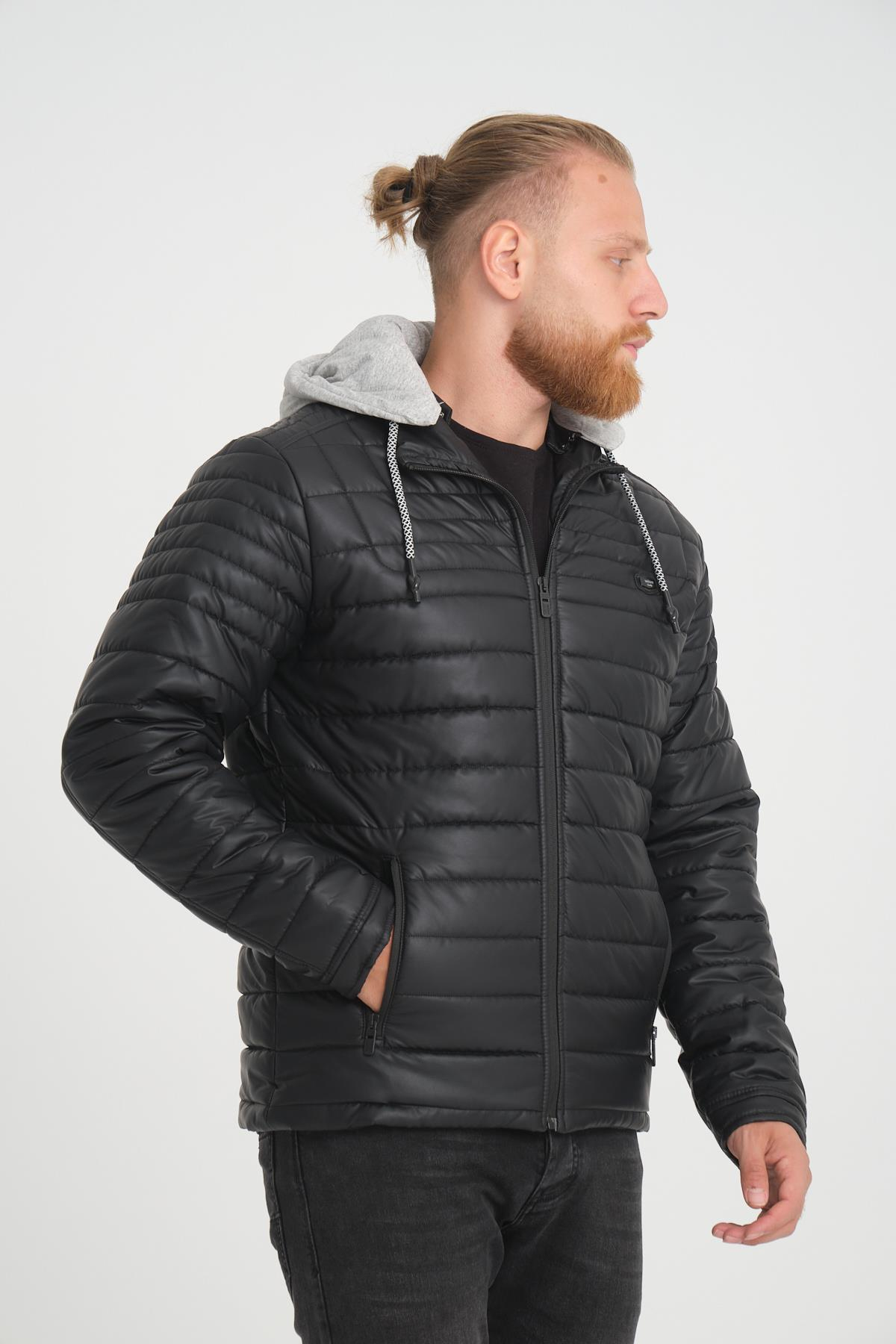 Wholesale Black Faux Leather Hooded Puffer Jacket 3036S