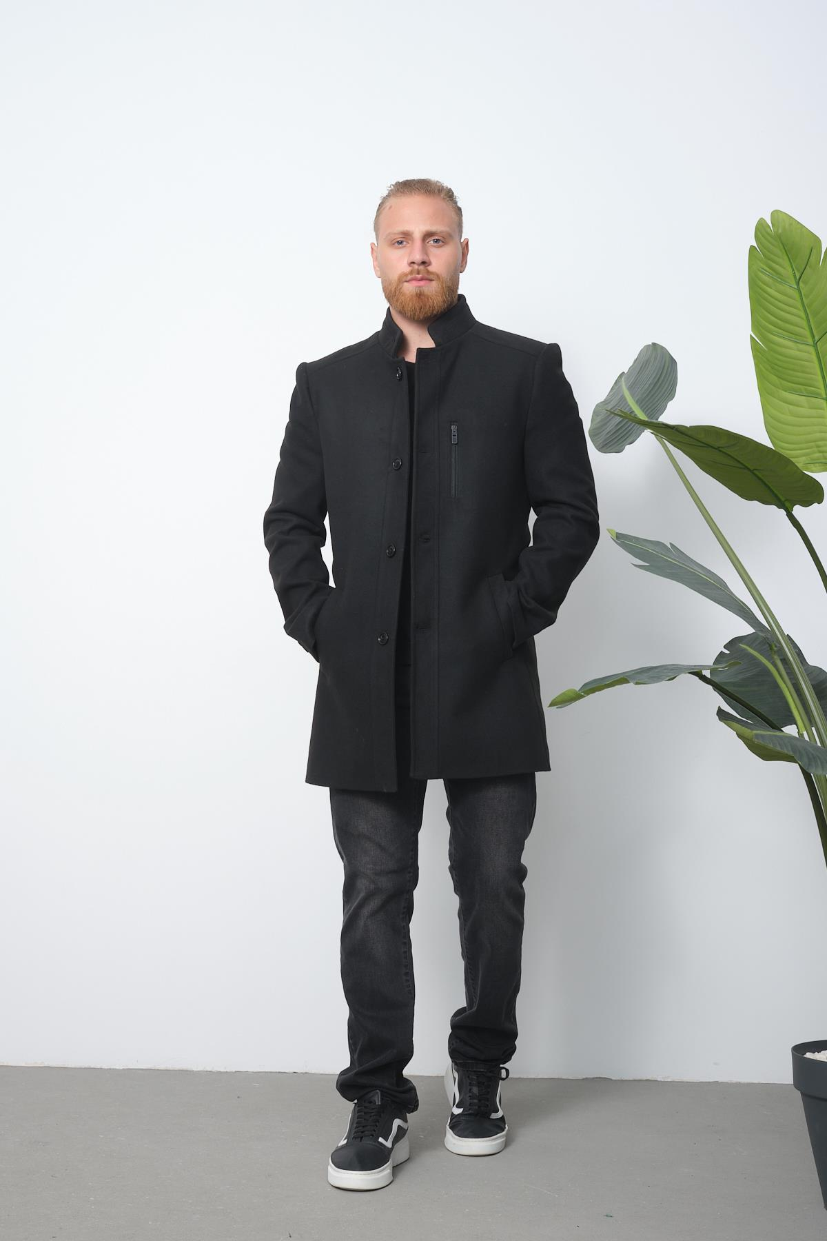 Wholesale Black Stand Collar Cashmere Coat 4941S