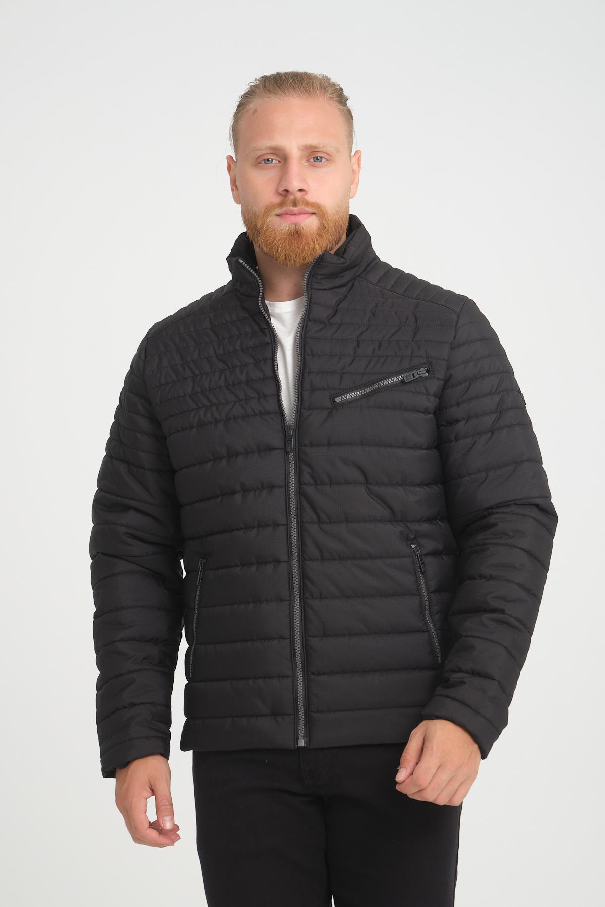 Wholesale Black Chest Zipper Detail Stand Collar Jacket 3083S