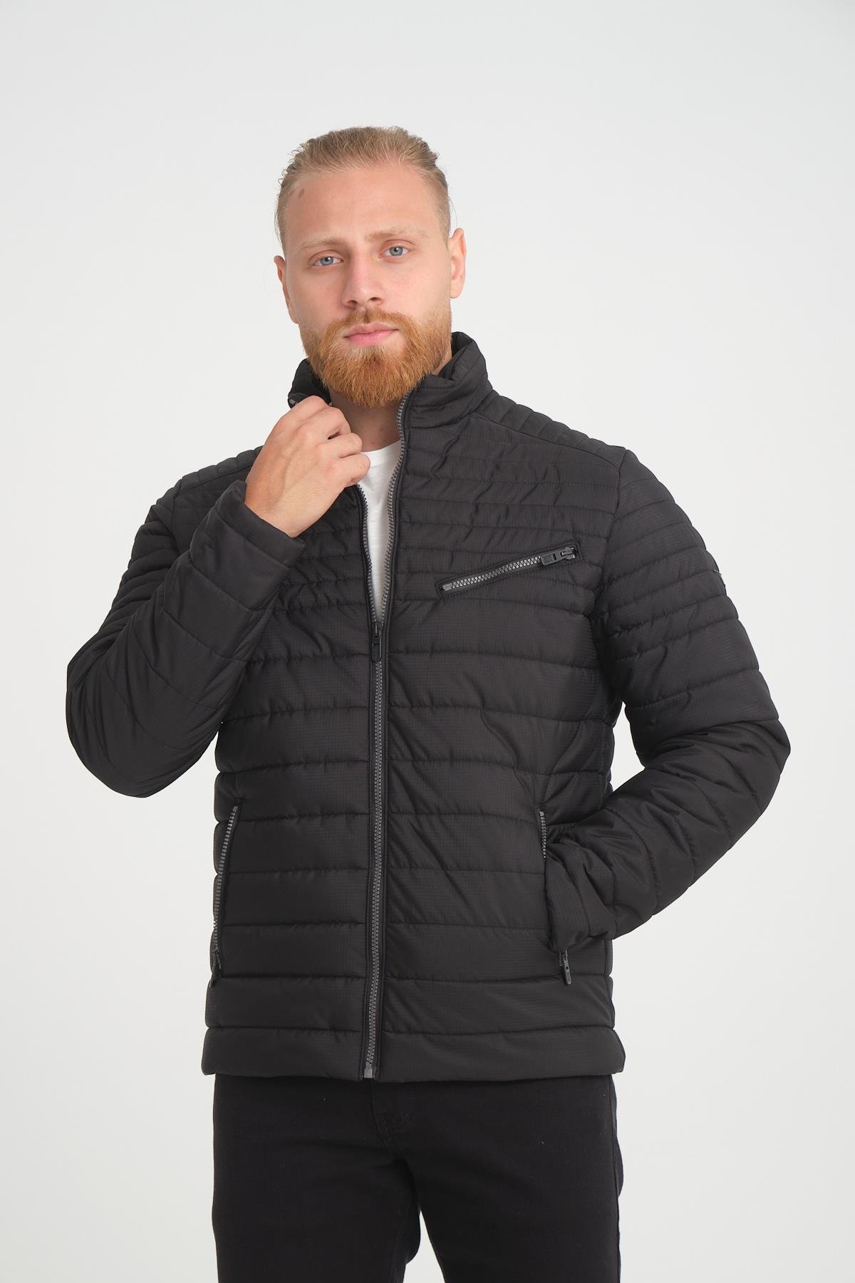 Wholesale Black Chest Zipper Detail Stand Collar Jacket 3083S