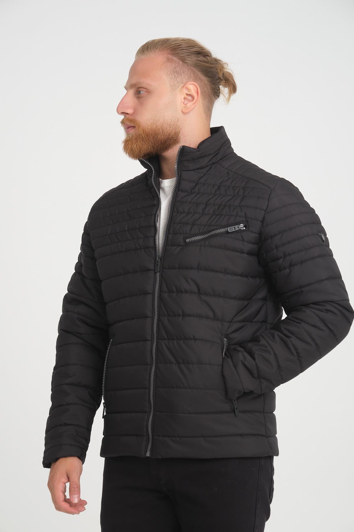 Wholesale Black Chest Zipper Detail Stand Collar Jacket 3083S