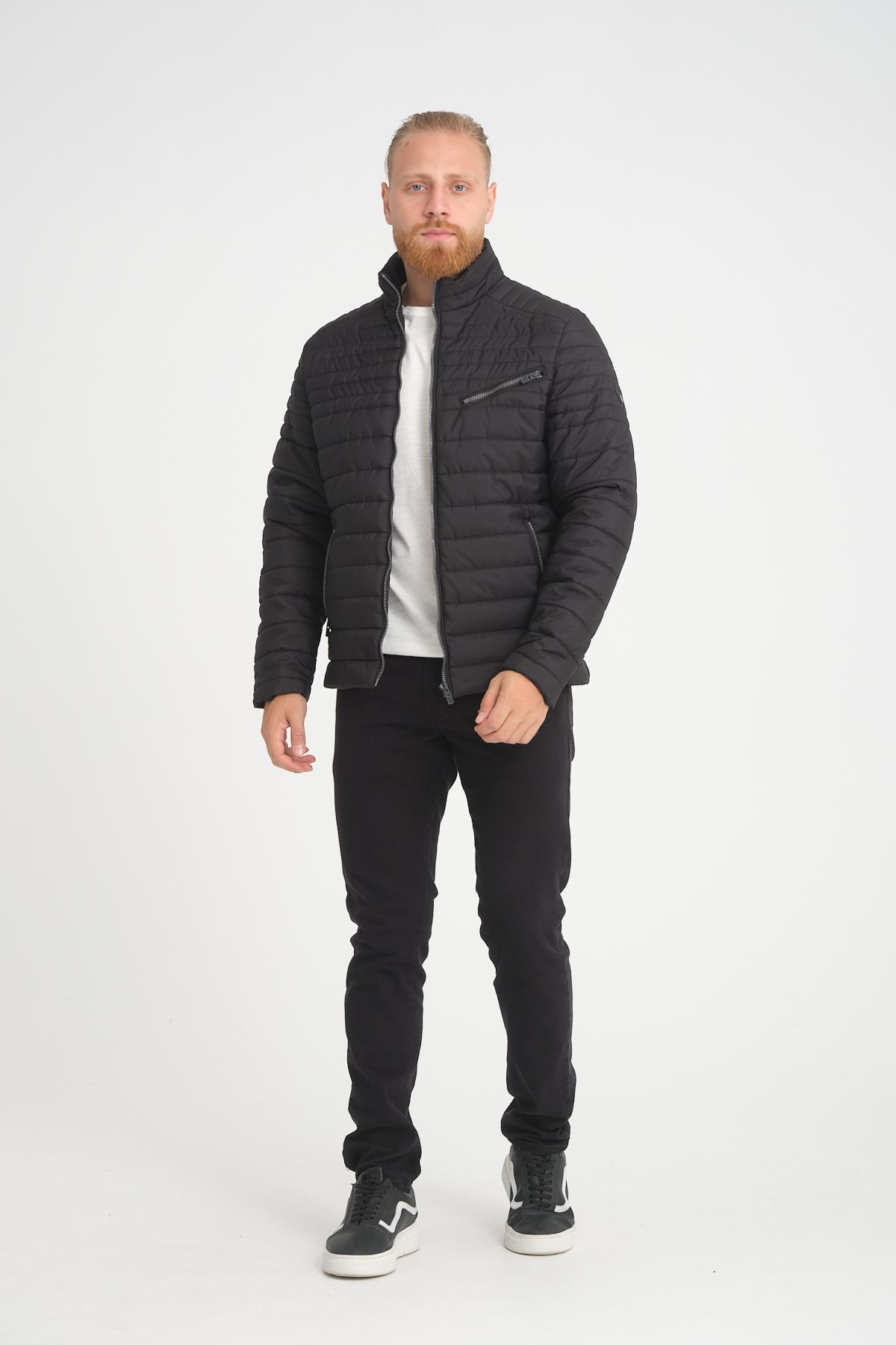 Wholesale Black Chest Zipper Detail Stand Collar Jacket 3083S