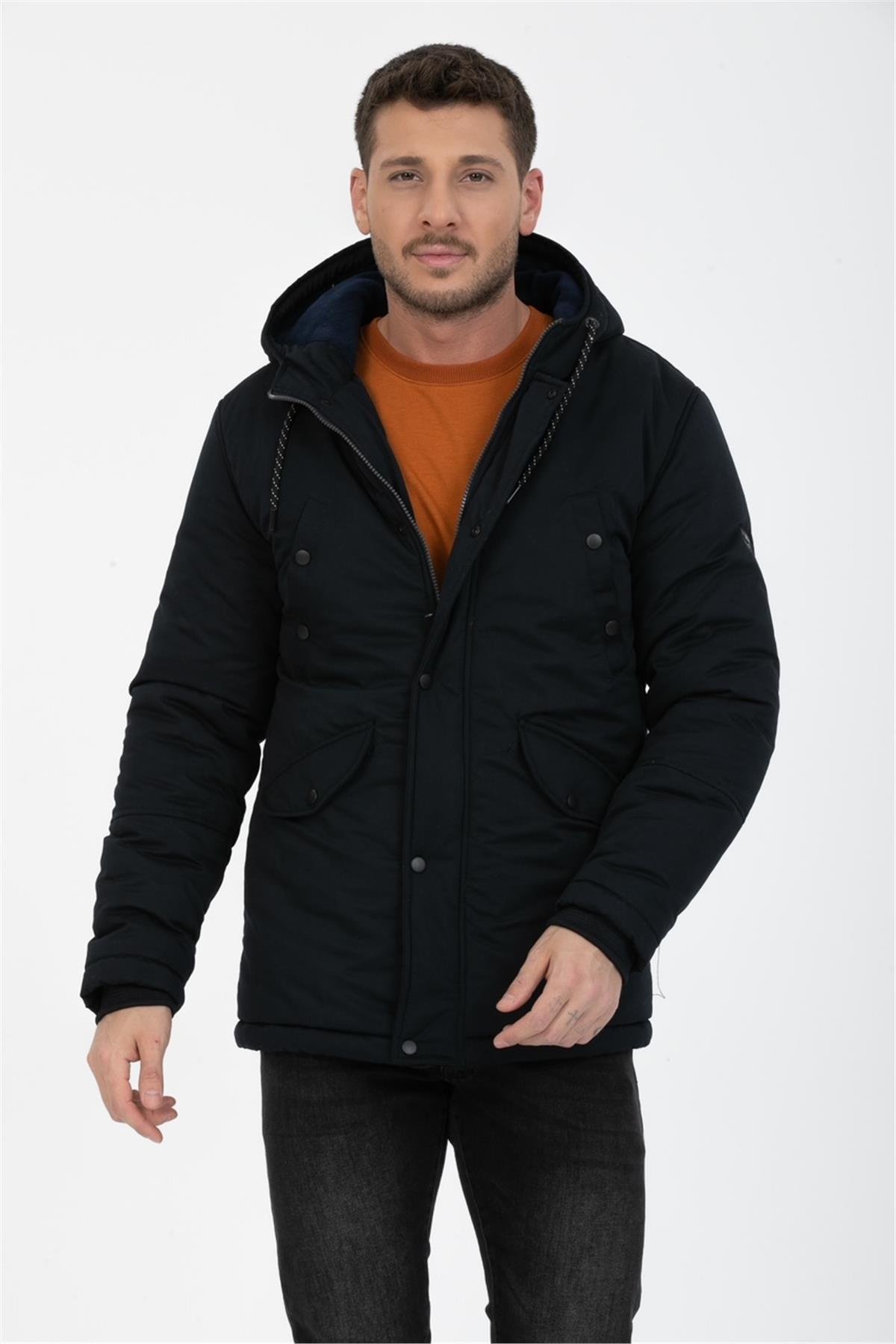 Siyah İçi Polarlı Kapüşonlu Mont 3517S