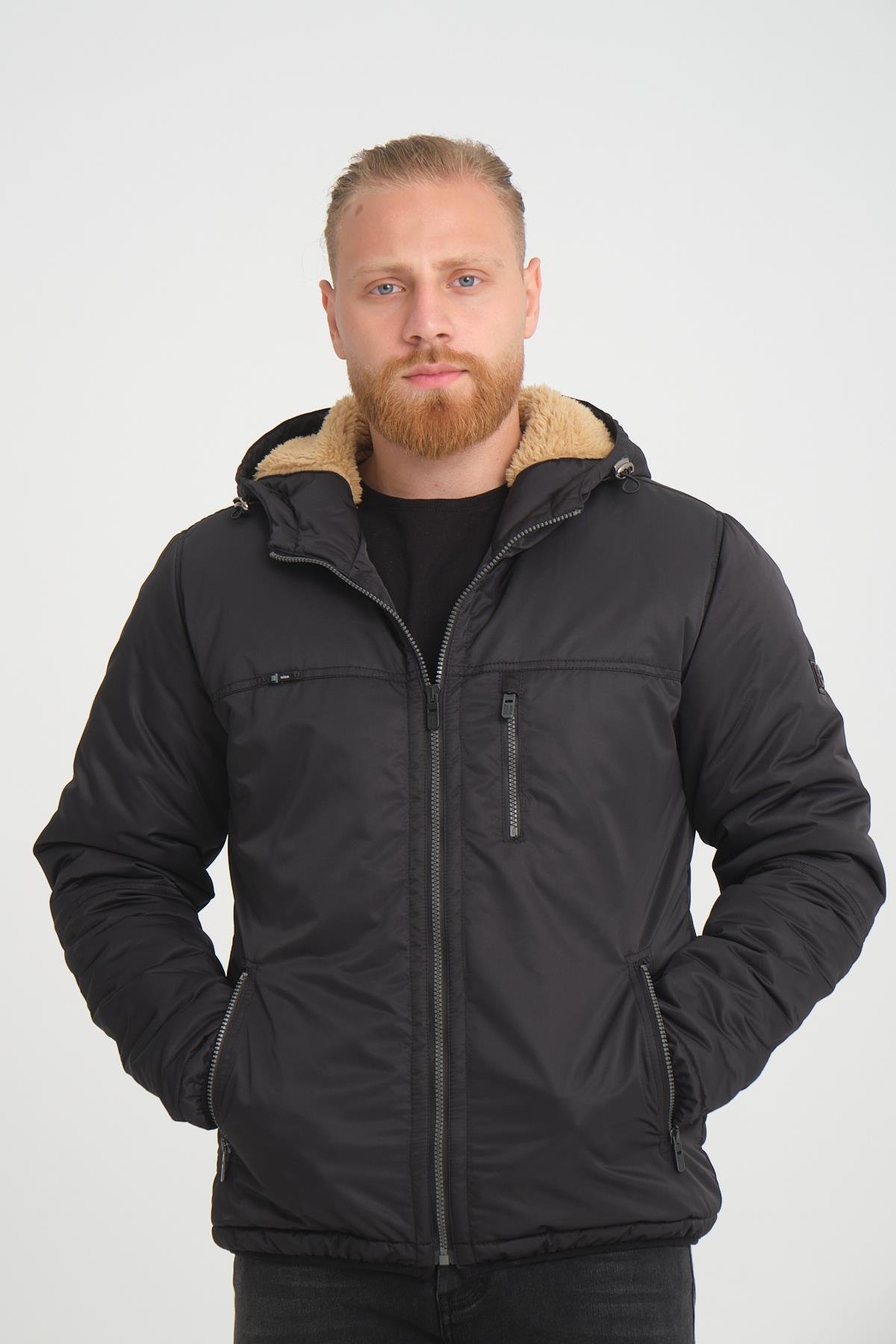 Wholesale Black Hooded Fur Lined Coat 35791S