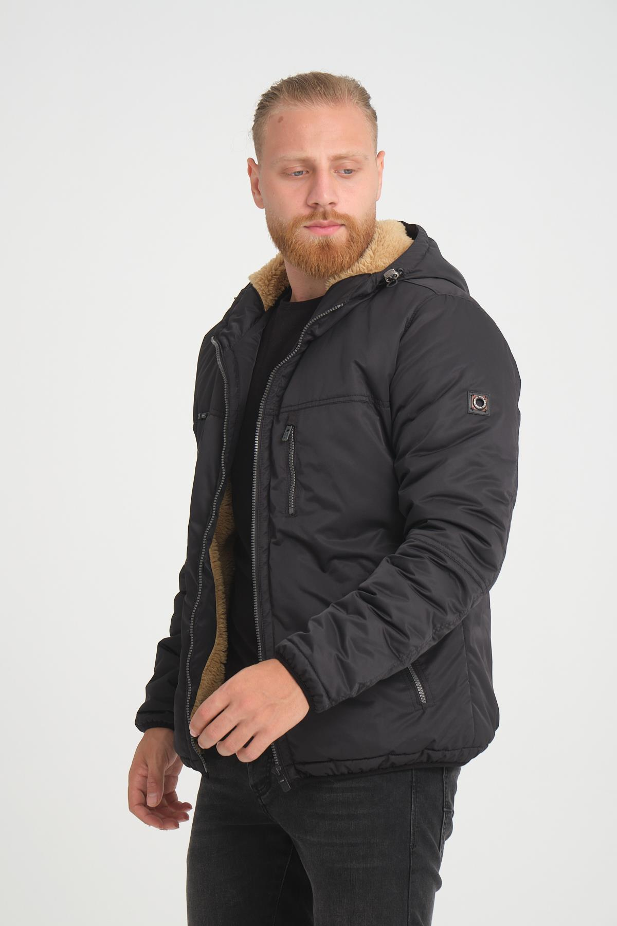 Wholesale Black Hooded Fur Lined Coat 35791S