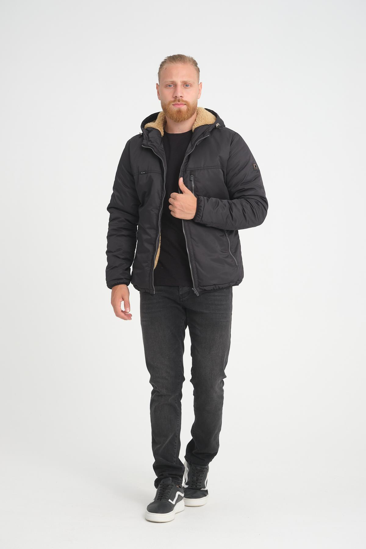 Wholesale Black Hooded Fur Lined Coat 35791S