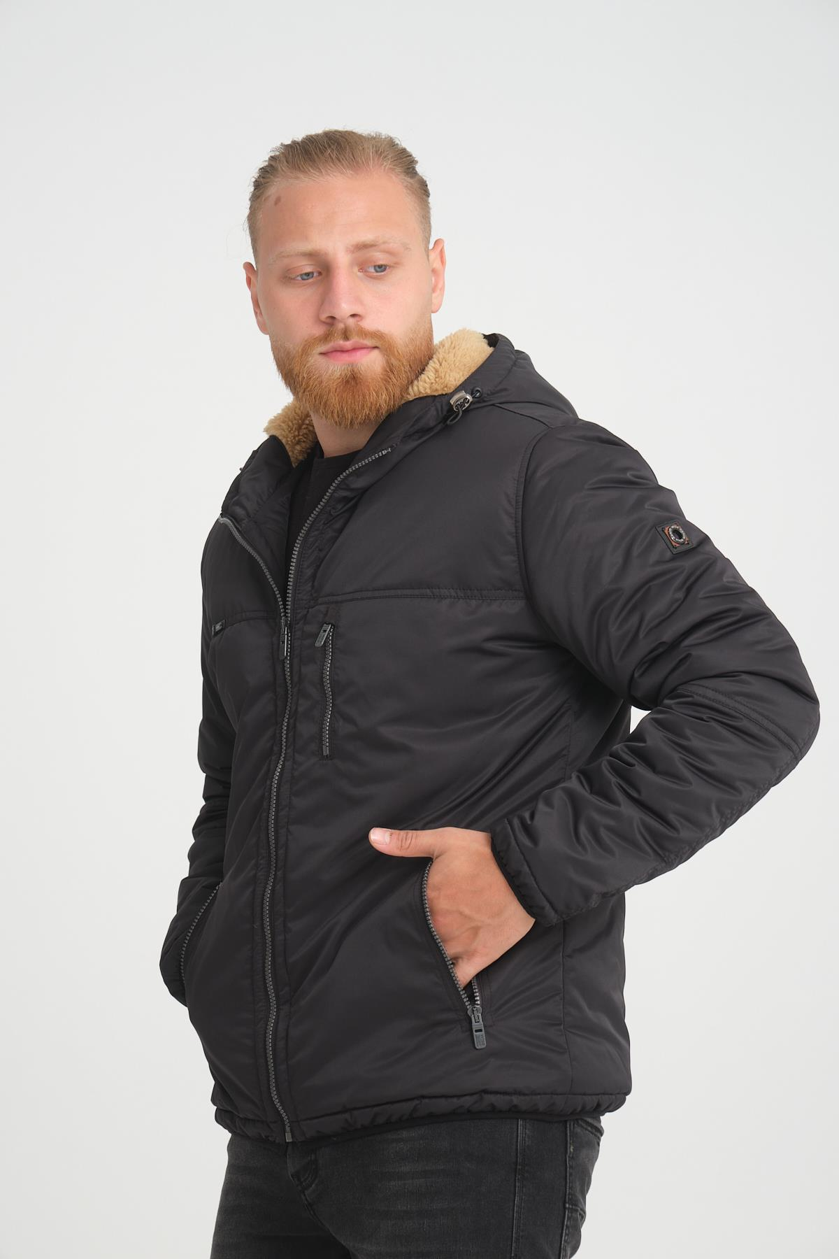 Wholesale Black Hooded Fur Lined Coat 35791S