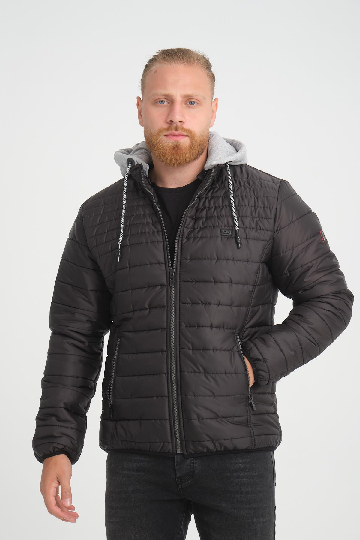 Wholesale Black Hooded Jersey Lined Puffer Jacket 4563S