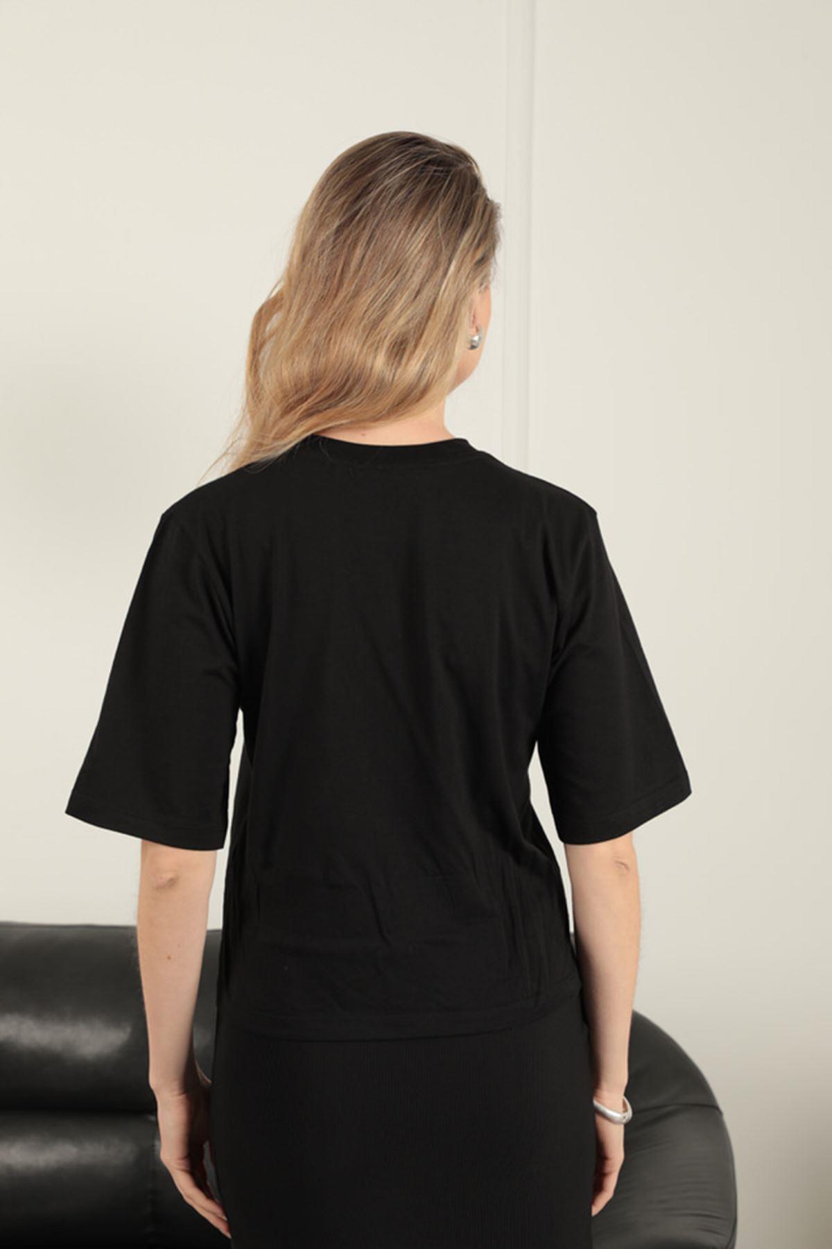 Stone Detailed Women's T-Shirt-Black