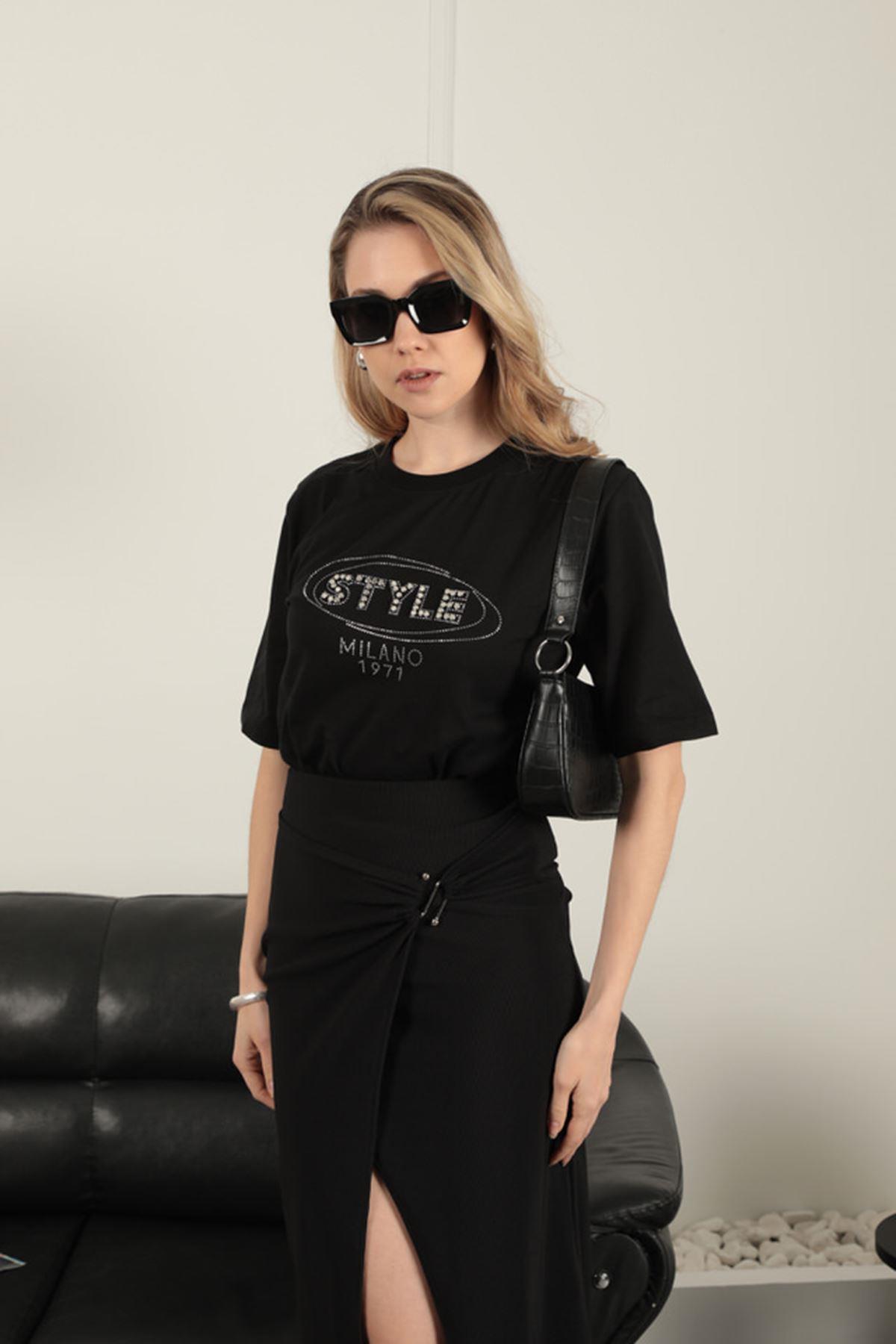 Stone Detailed Women's T-Shirt-Black