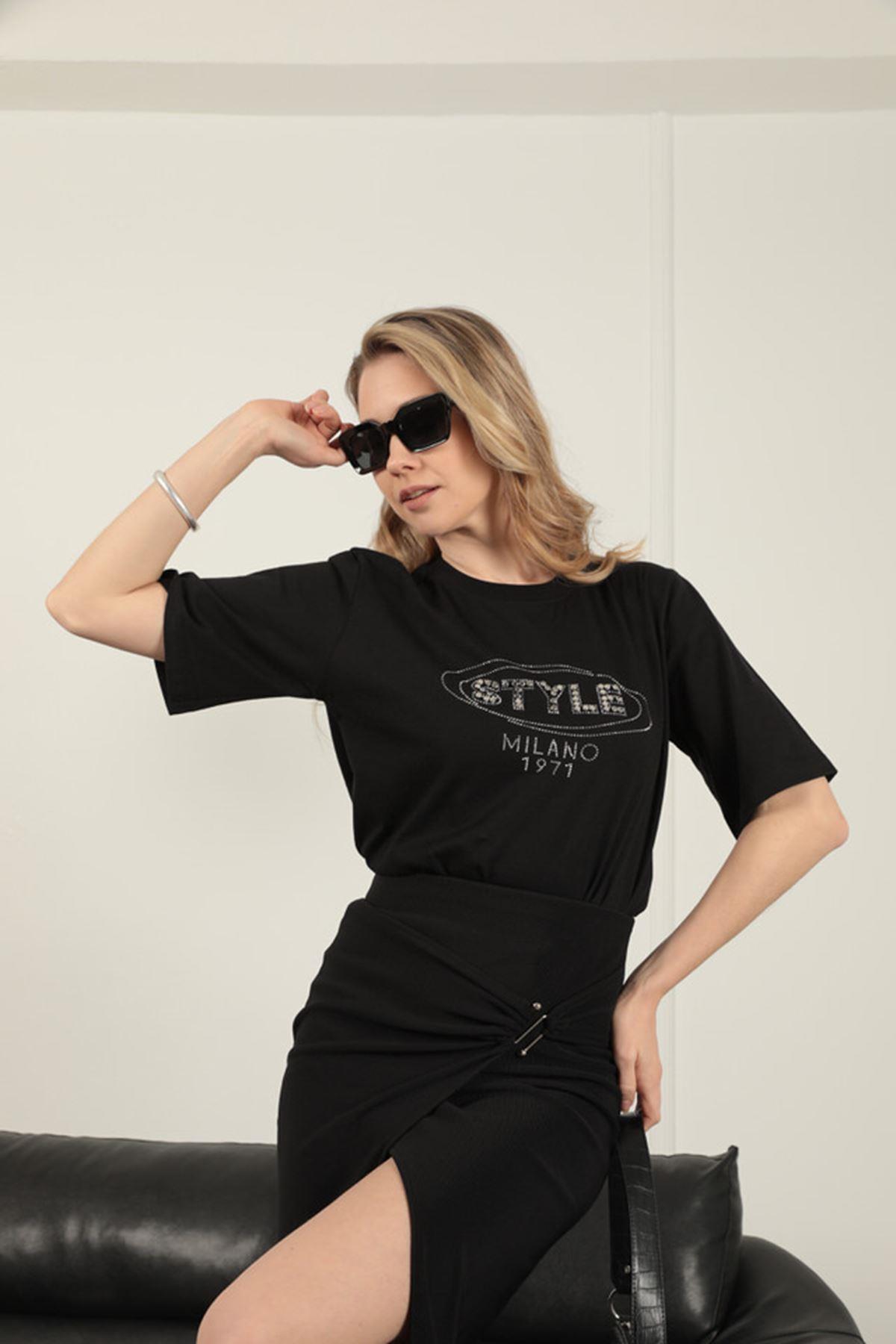 Stone Detailed Women's T-Shirt-Black