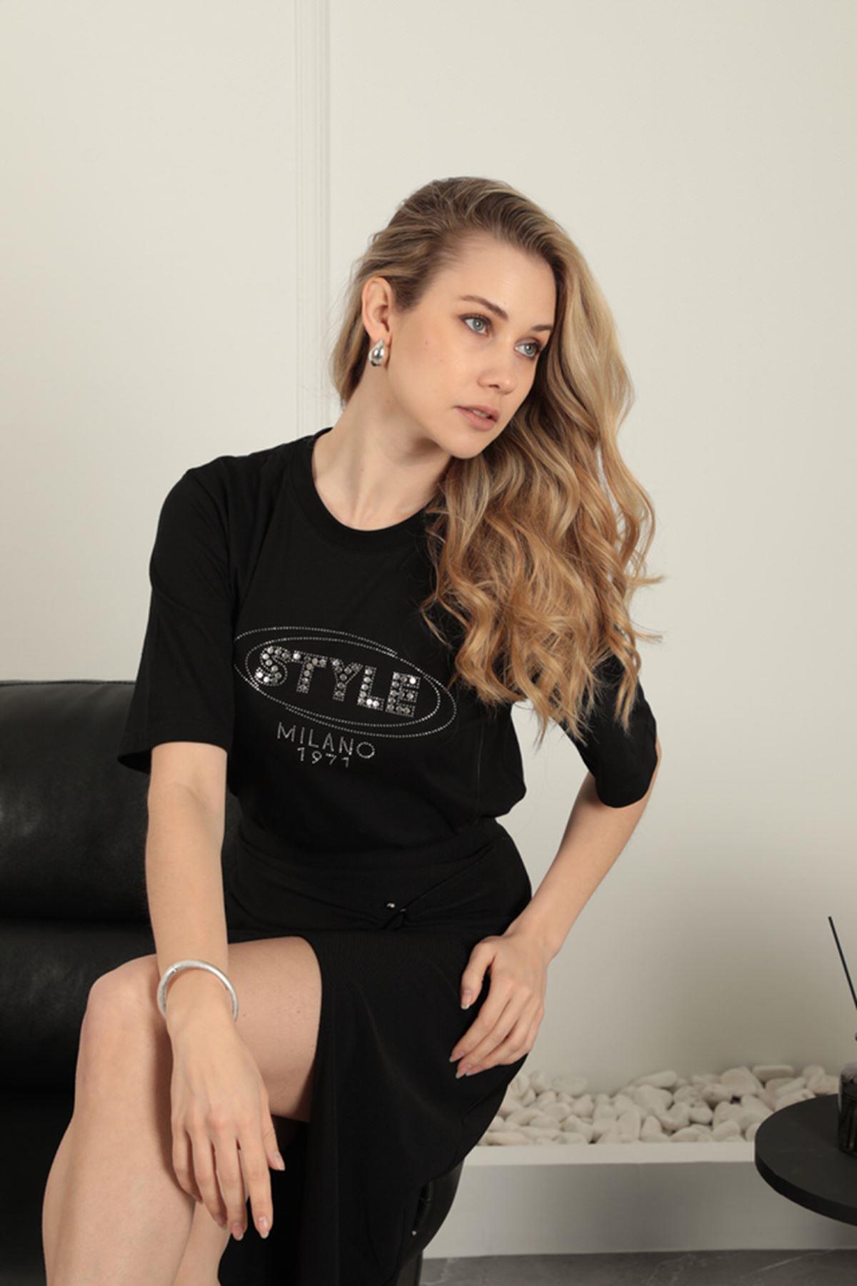 Stone Detailed Women's T-Shirt-Black