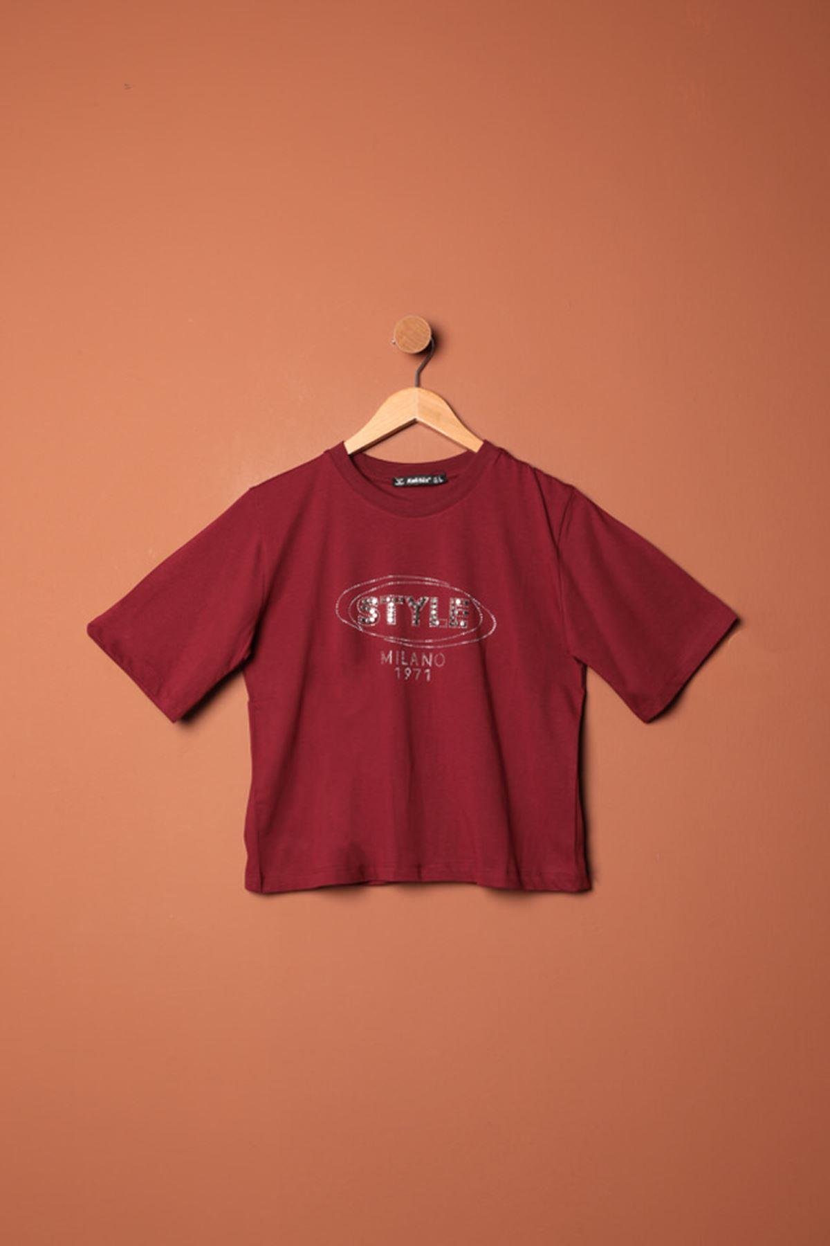 Stone Detailed Women's T-Shirt-Burgundy