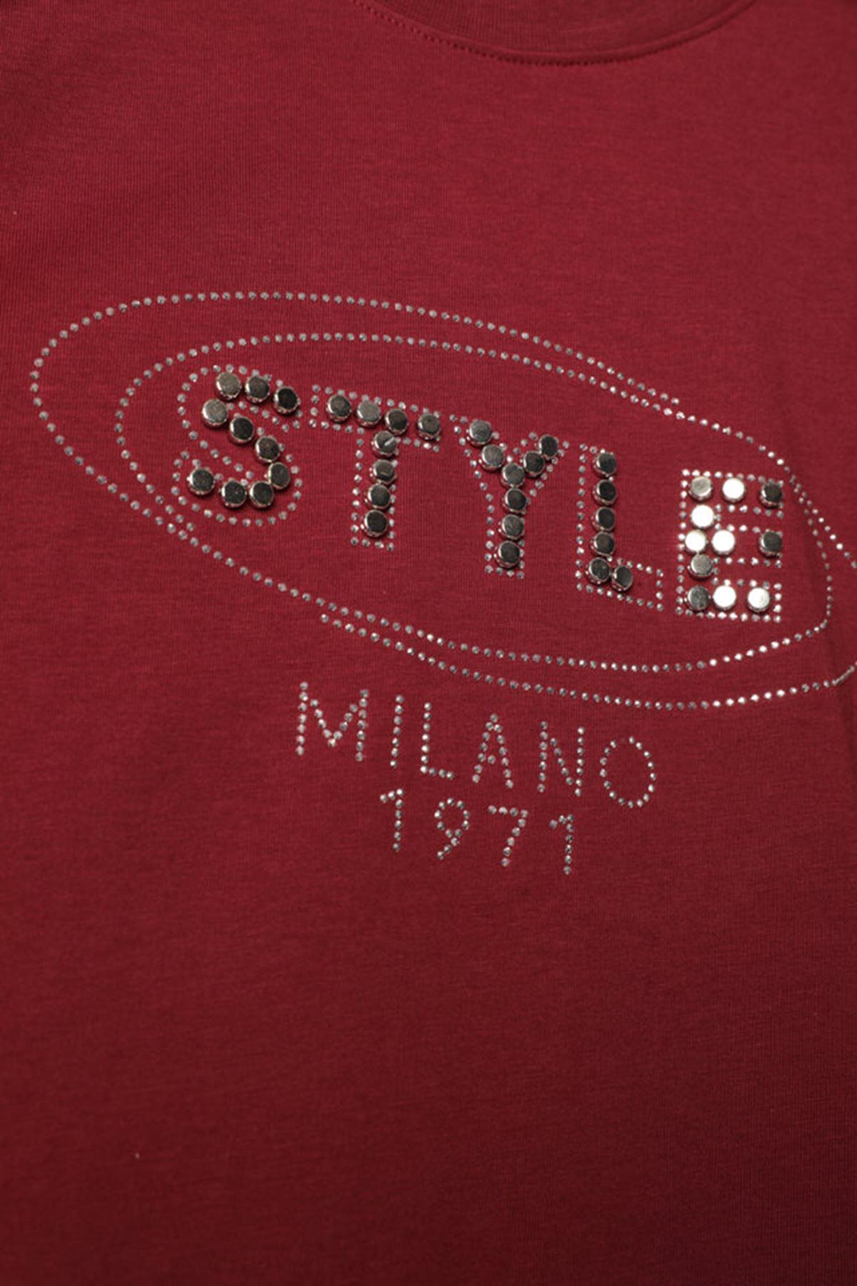 Stone Detailed Women's T-Shirt-Burgundy