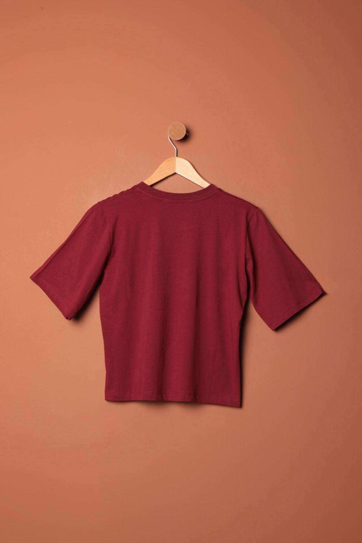 Stone Detailed Women's T-Shirt-Burgundy
