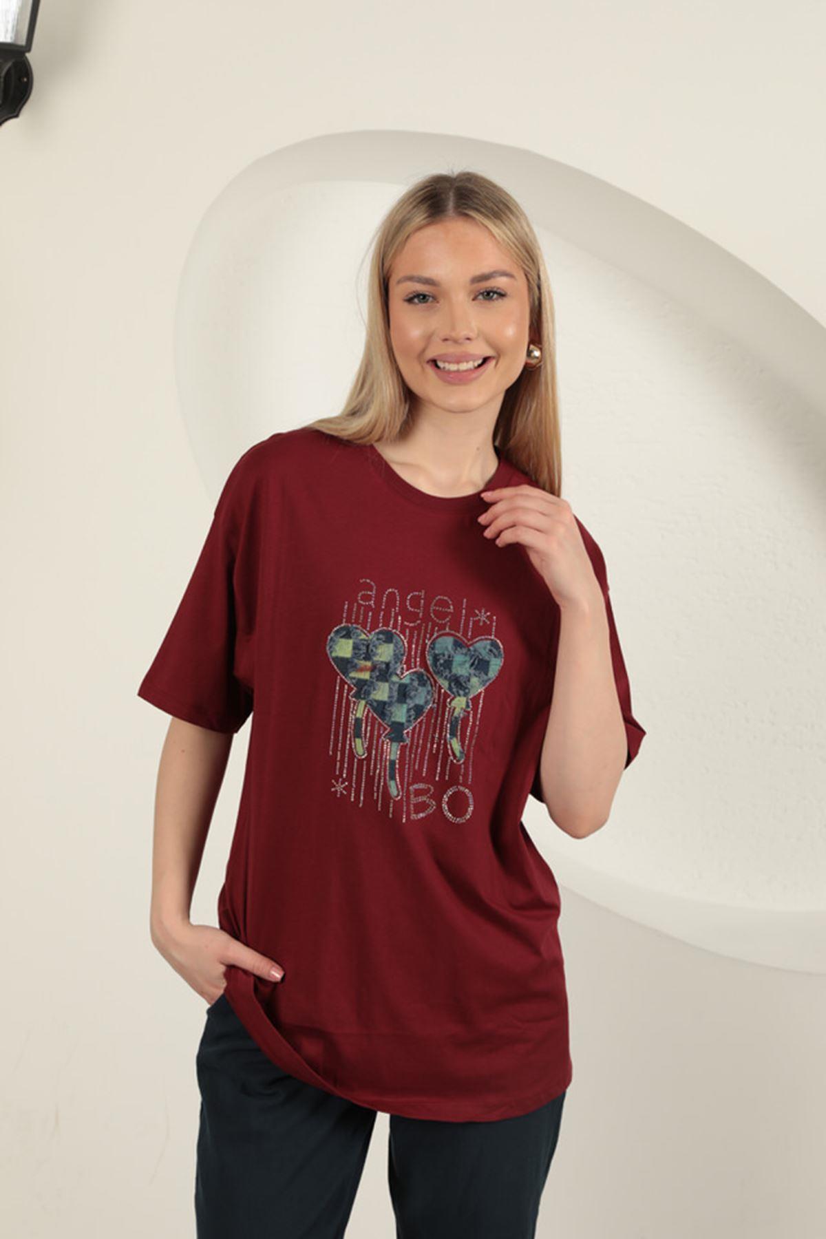 Stone Printed Women's T-Shirt-Burgundy