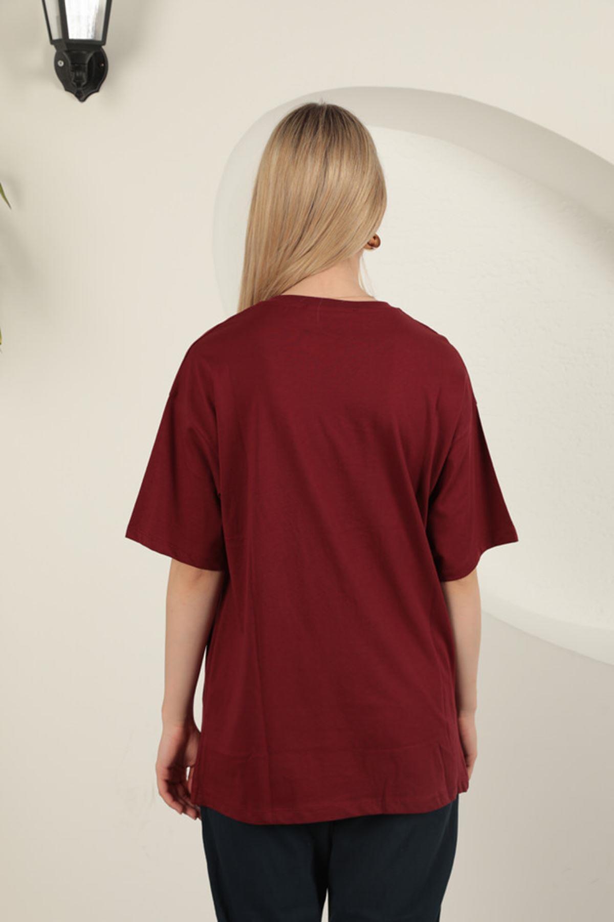 Stone Printed Women's T-Shirt-Burgundy