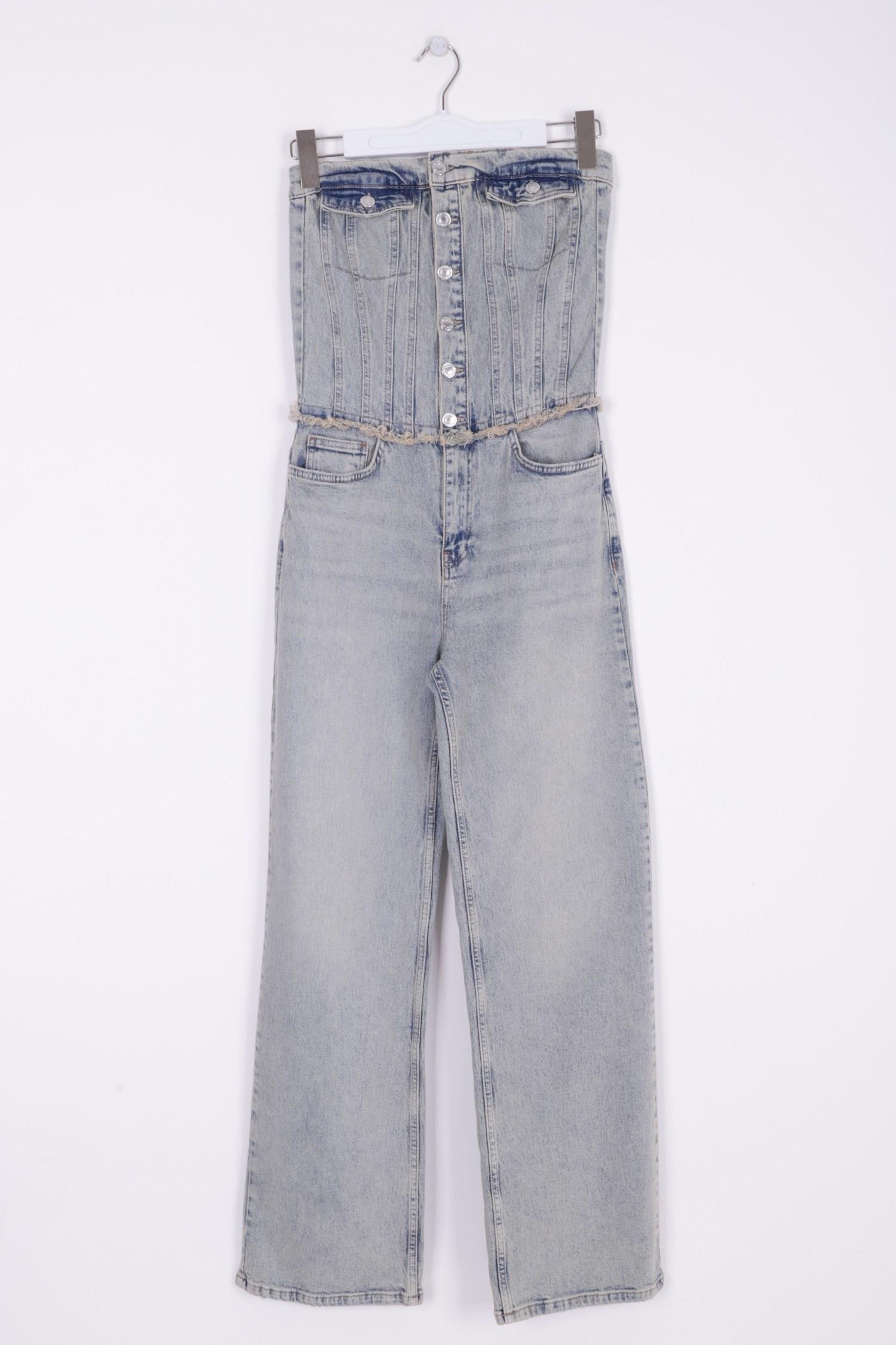 Straplez Önü Düğmeli Kot Tulum 3023-42-(XS-L-6)