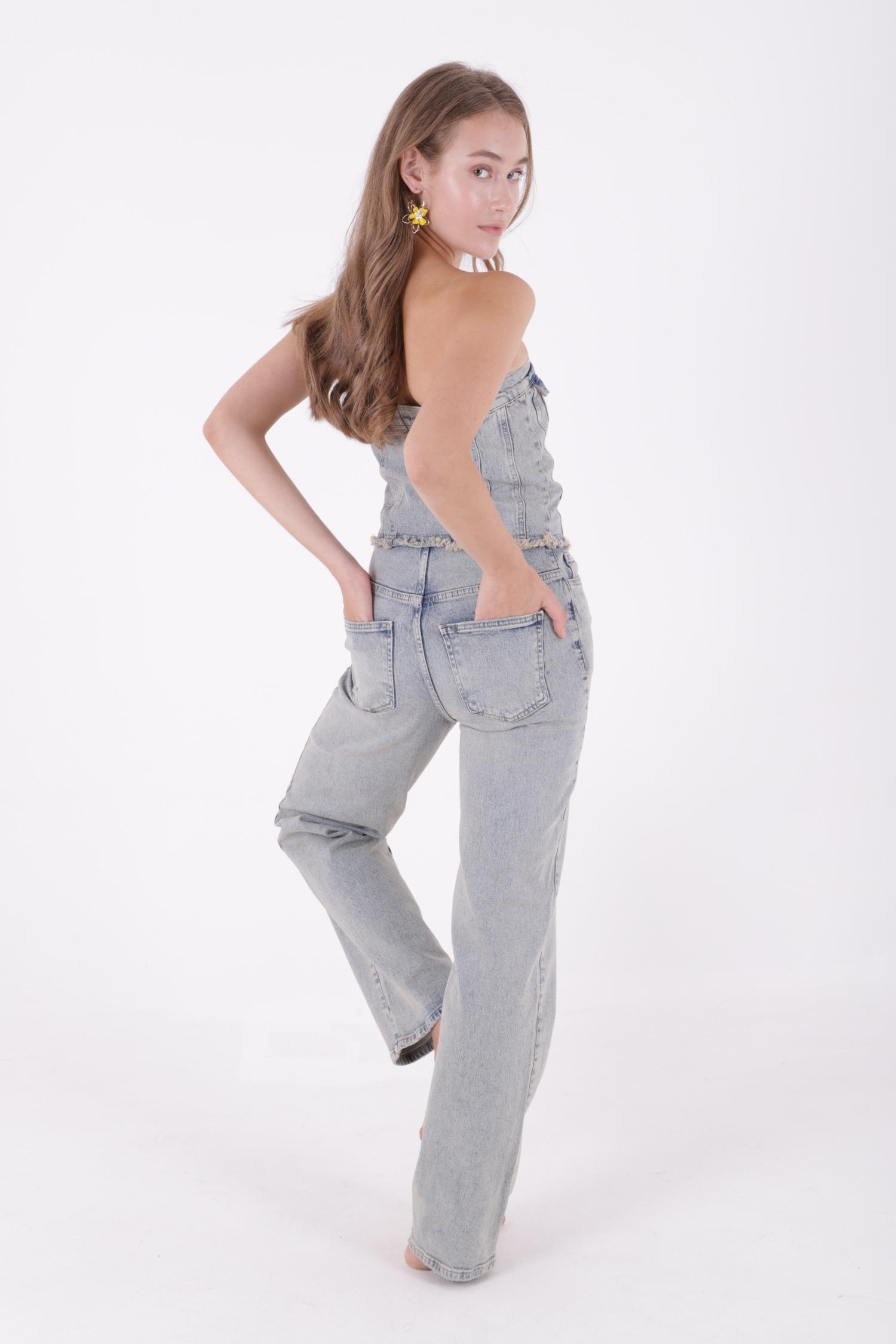 Straplez Önü Düğmeli Kot Tulum 3023-42-(XS-L-6)