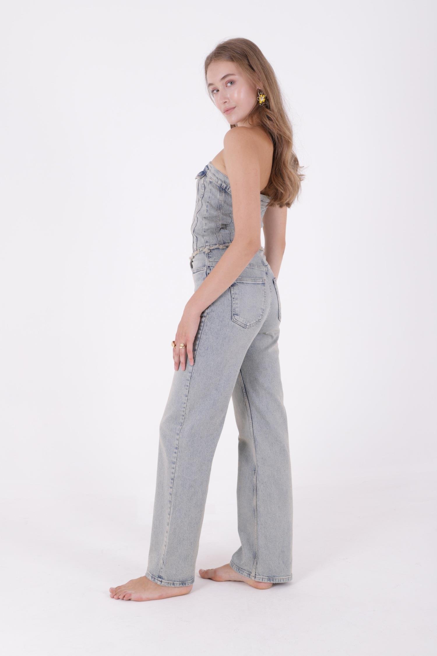 Straplez Önü Düğmeli Kot Tulum 3023-42-(XS-L-6)