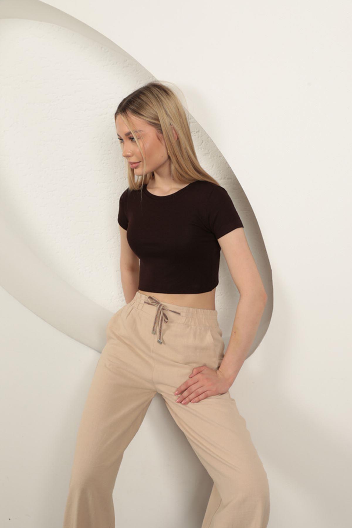 Strawberry Viscose Fabric Basic Crop-Brown