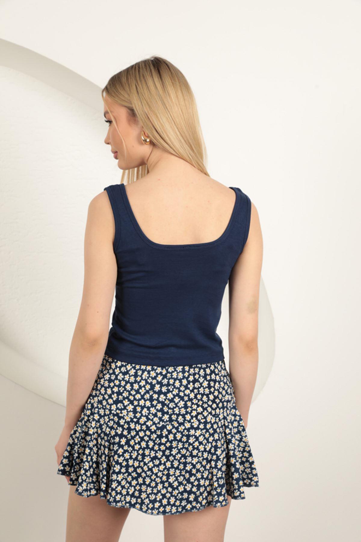 Strawberry Viscose Fabric Suspender Crop-Navy Blue