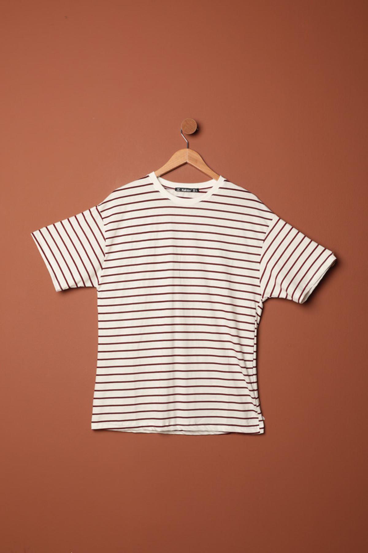 Striped Crew Neck T-Shirt-Burgundy