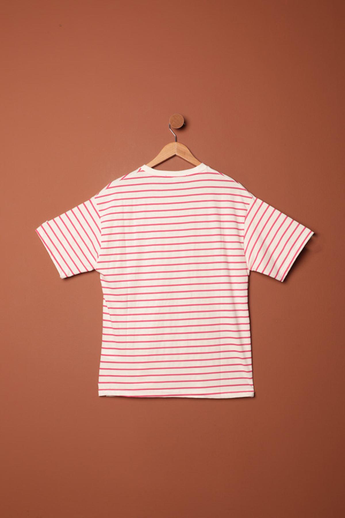 Striped Crew Neck T-Shirt-Fuchsia