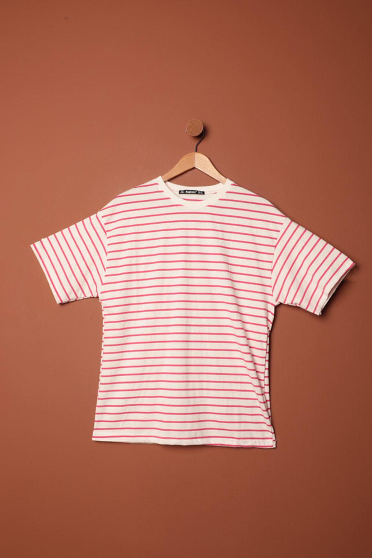 Striped Crew Neck T-Shirt-Fuchsia