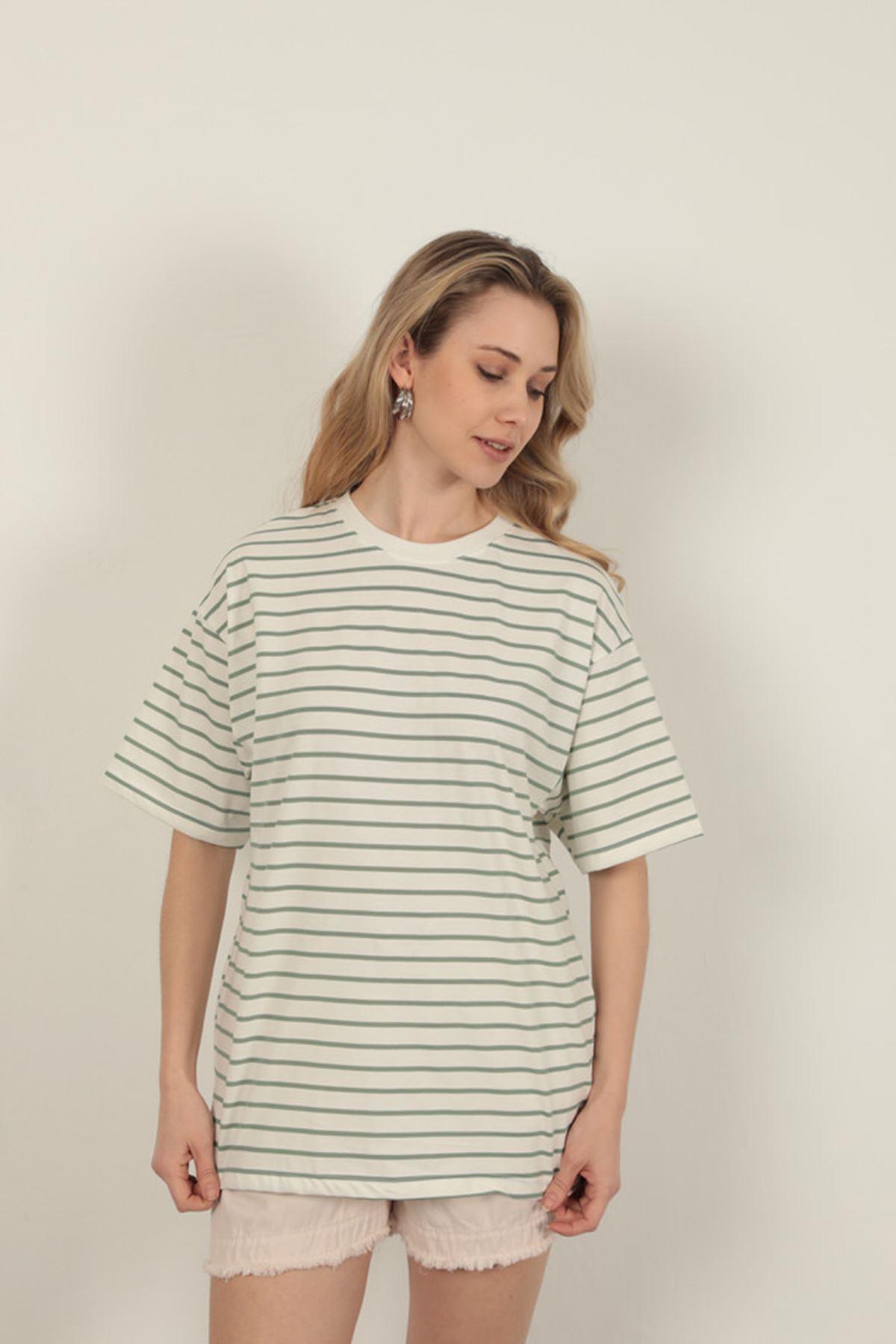 Striped Crew Neck T-Shirt-Green