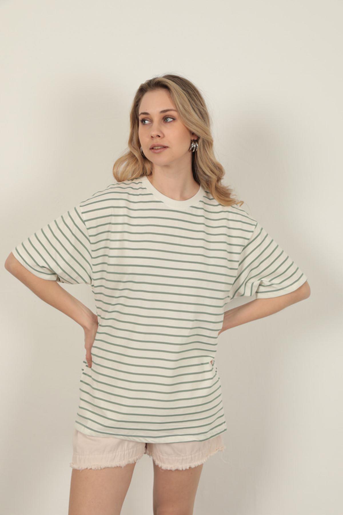 Striped Crew Neck T-Shirt-Green