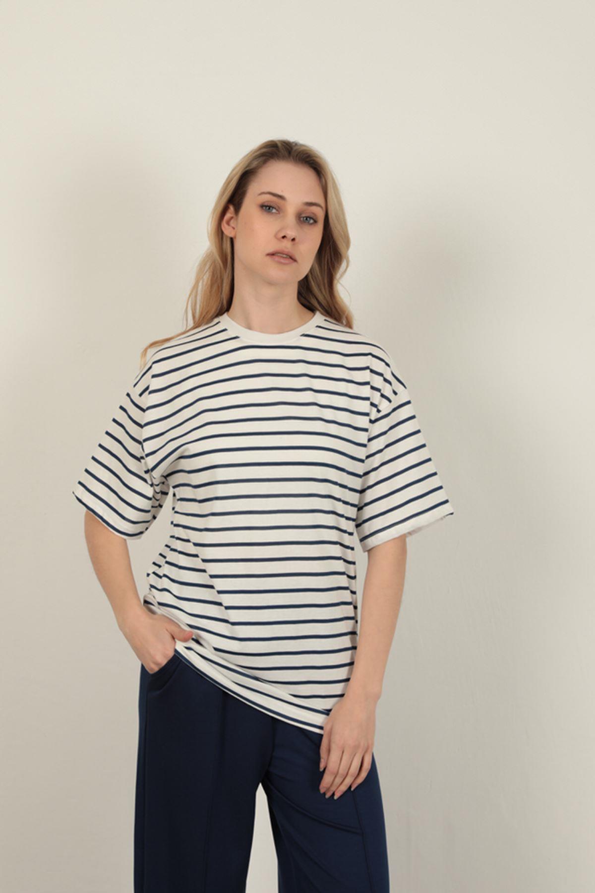 Striped Crew Neck T-Shirt-Navy Blue