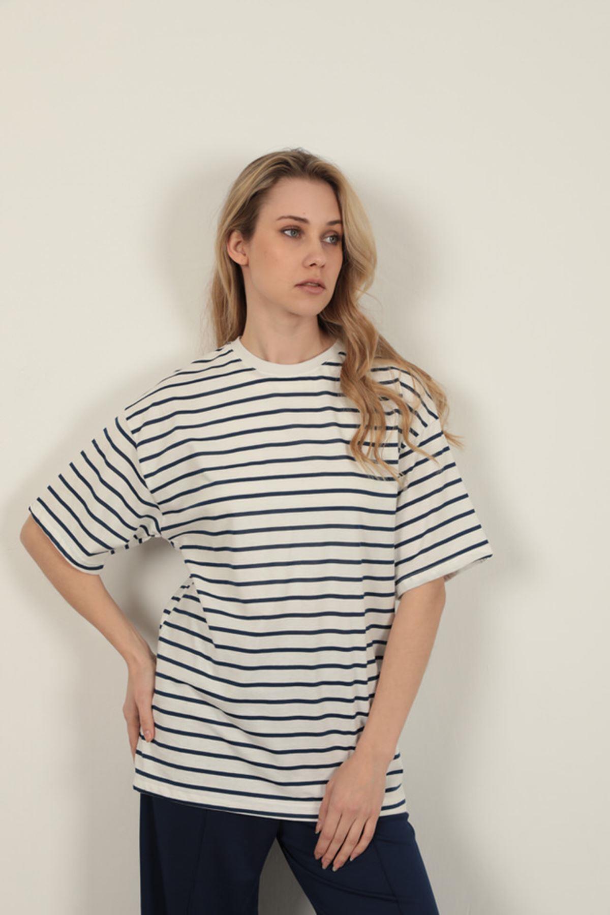 Striped Crew Neck T-Shirt-Navy Blue